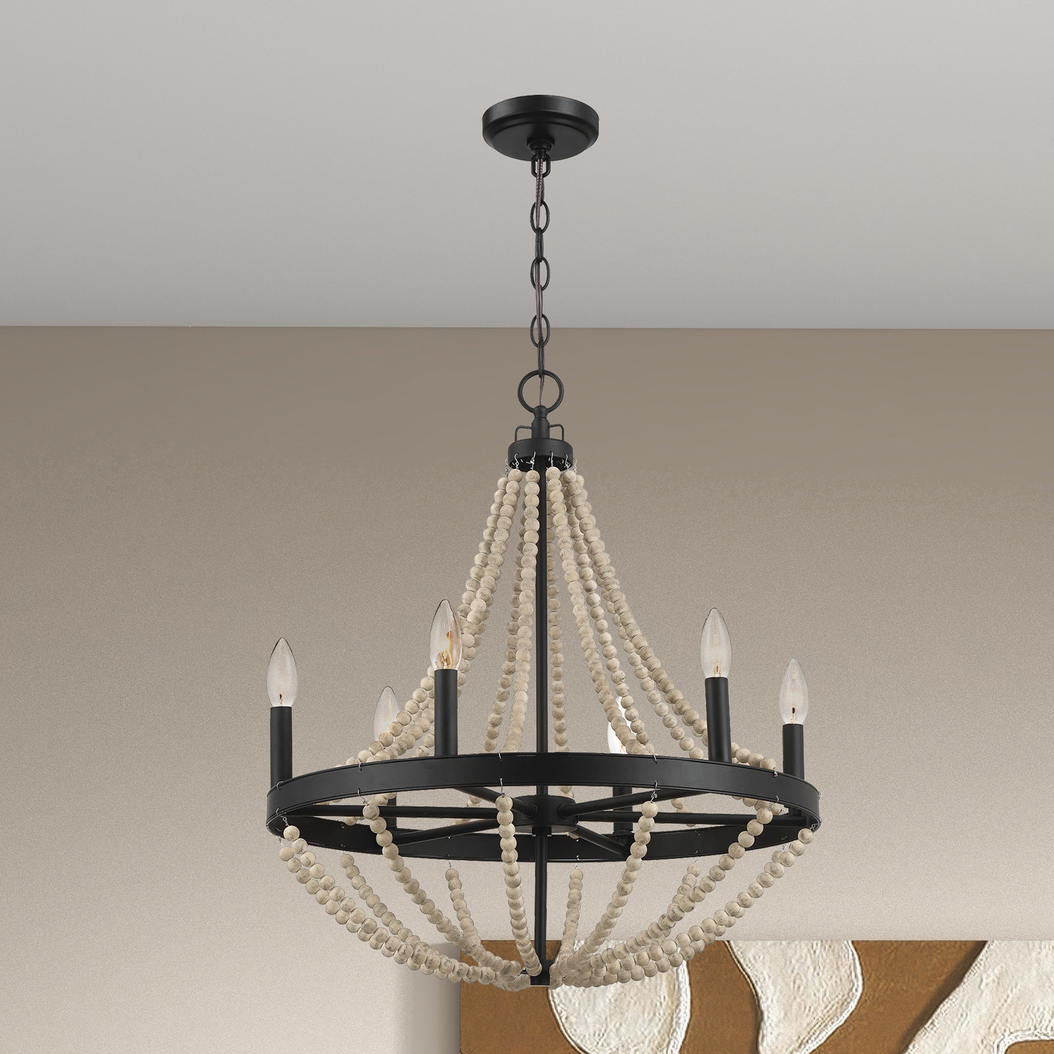Ashcroft - Starry Wood Chandelier Farmhouse Six Candle Light Wood Beaded Black Pendant Light for Dining Room