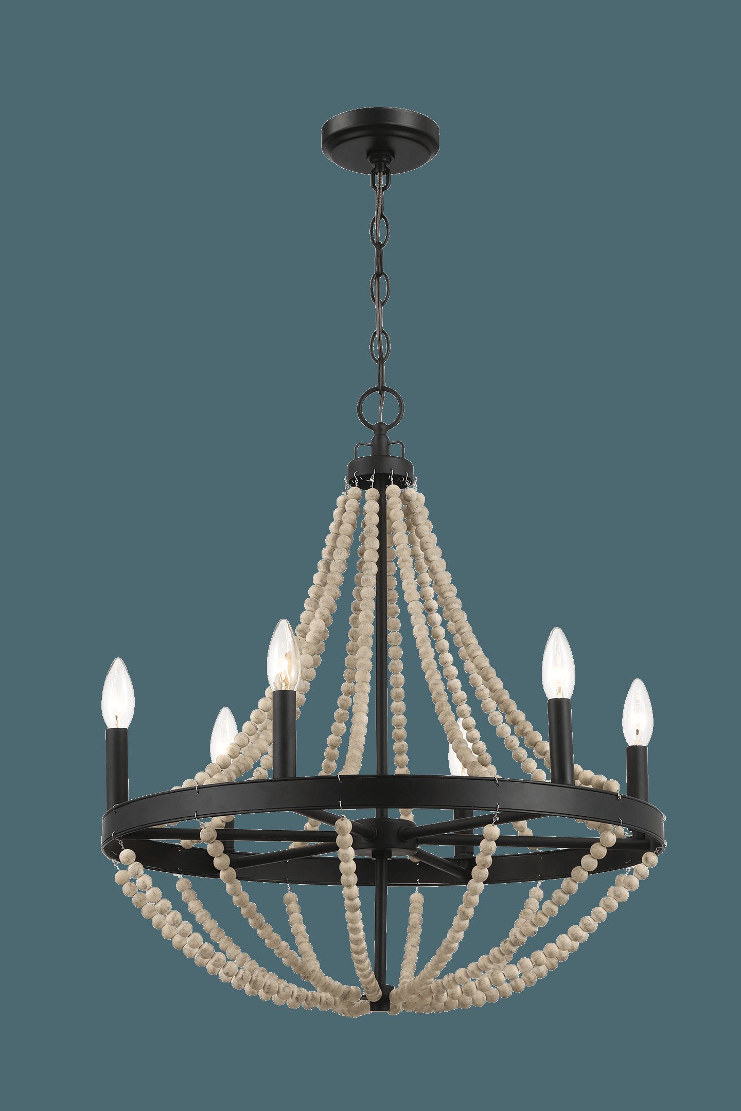 Ashcroft - Starry Wood Chandelier Farmhouse Six Candle Light Wood Beaded Black Pendant Light for Dining Room