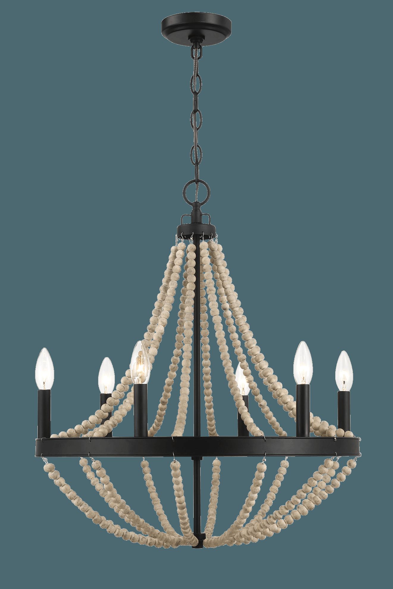 Ashcroft - Starry Wood Chandelier Farmhouse Six Candle Light Wood Beaded Black Pendant Light for Dining Room
