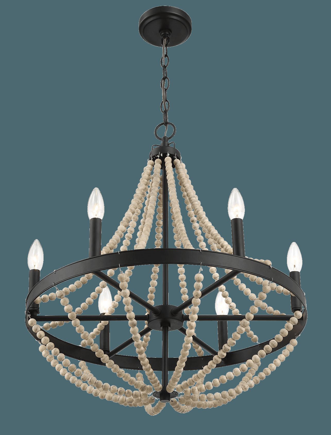 Ashcroft - Starry Wood Chandelier Farmhouse Six Candle Light Wood Beaded Black Pendant Light for Dining Room