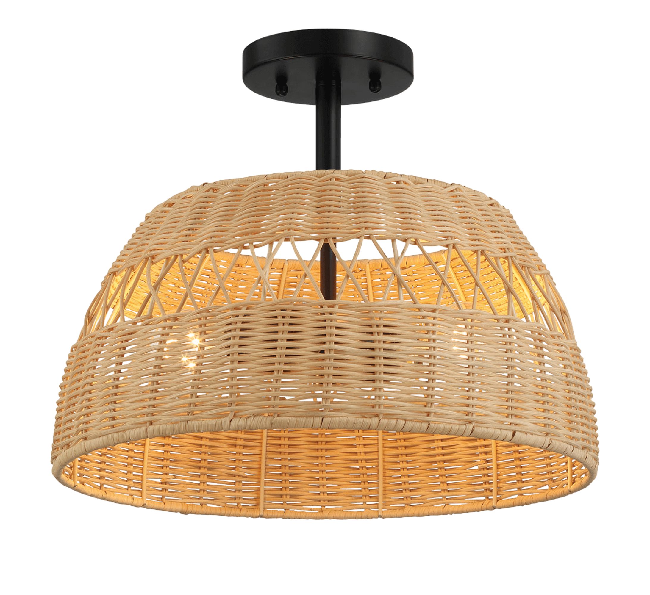 Ashcroft - Twinkle Double Lights Semi Flush With Rattan Shade Black Metal Finish for Farmhouse Style