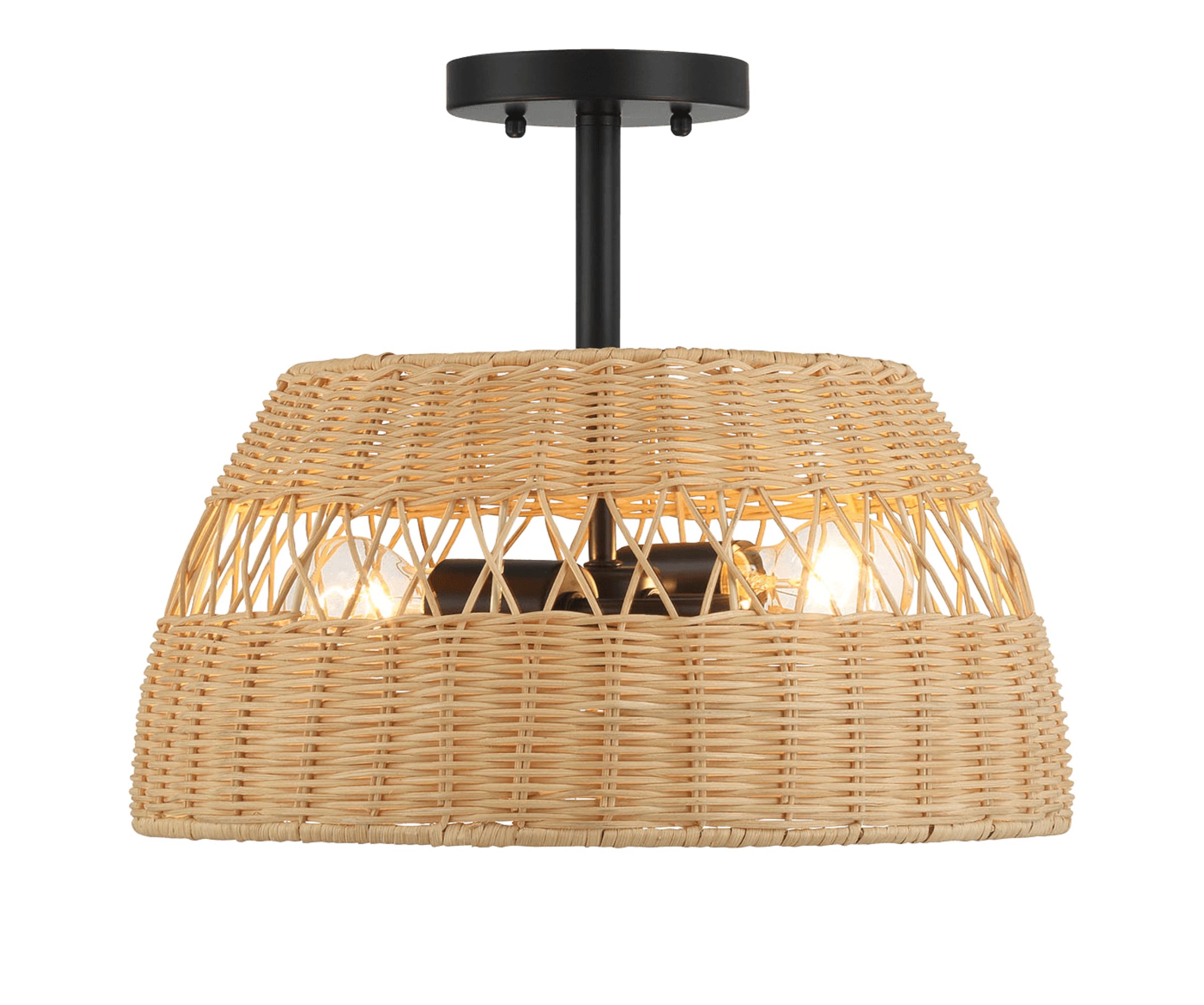 Ashcroft - Twinkle Double Lights Semi Flush With Rattan Shade Black Metal Finish for Farmhouse Style