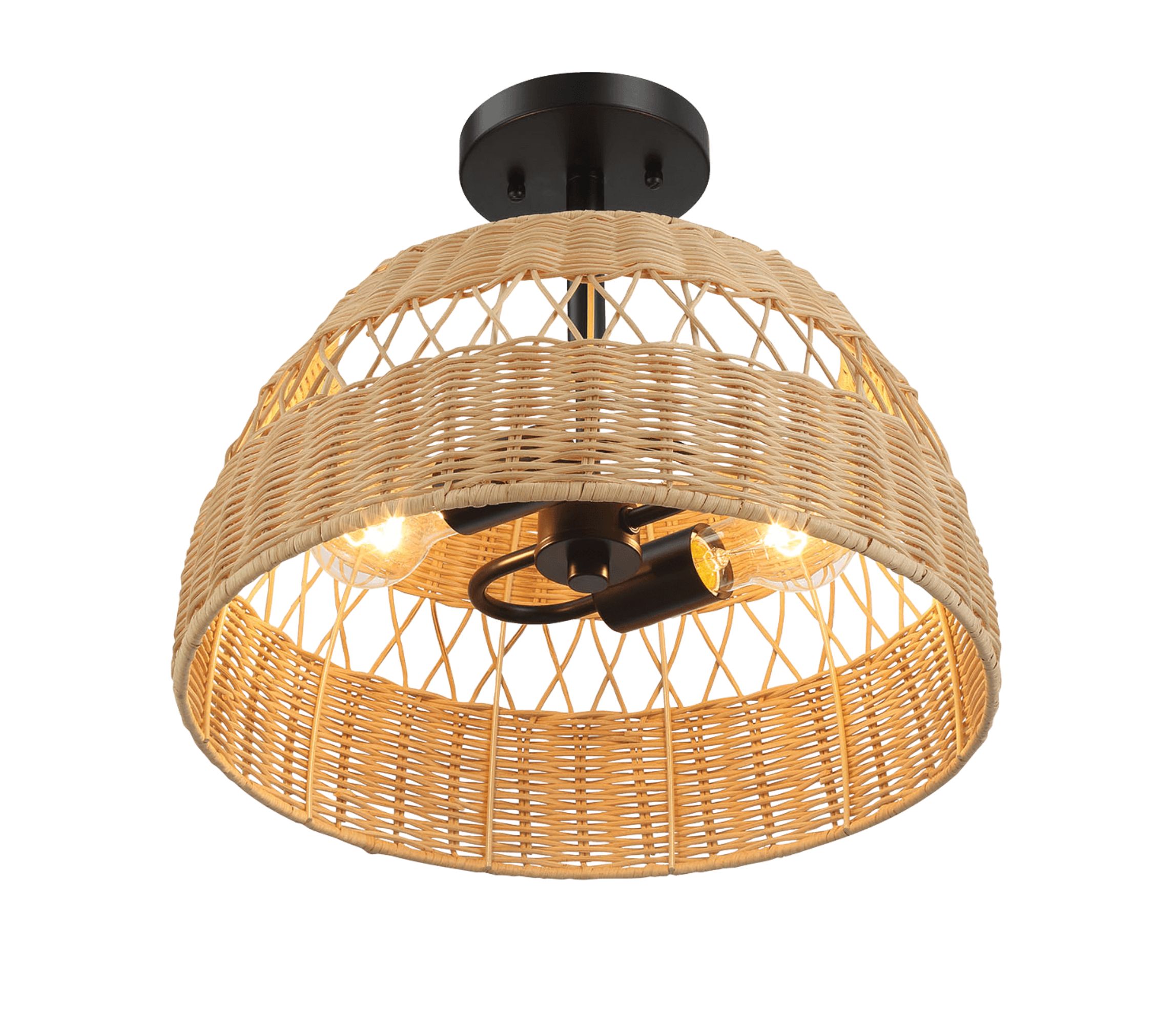Ashcroft - Twinkle Double Lights Semi Flush With Rattan Shade Black Metal Finish for Farmhouse Style