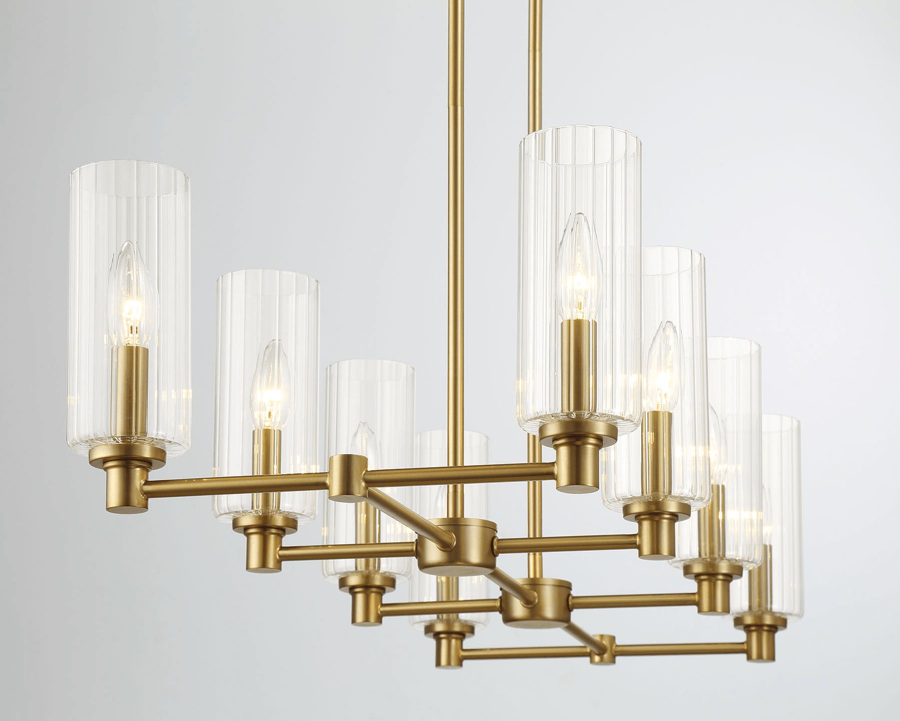Ashcroft - Willow Eight Lights Island With Clear Ribbed Glass Pendant Lamp - Satin Brass