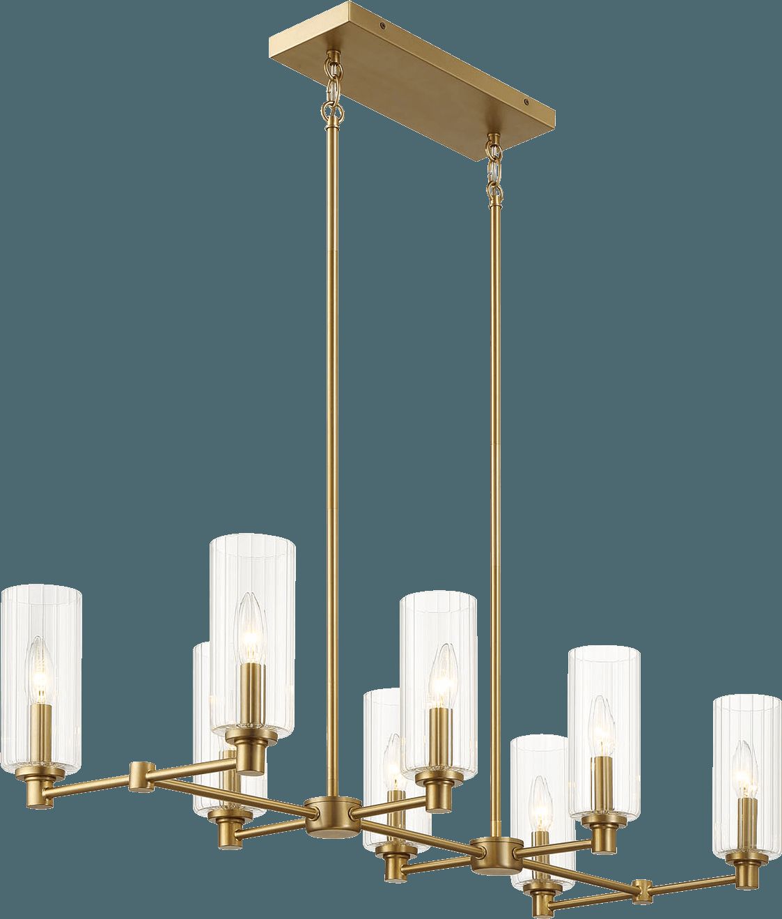 Ashcroft - Willow Eight Lights Island With Clear Ribbed Glass Pendant Lamp - Satin Brass