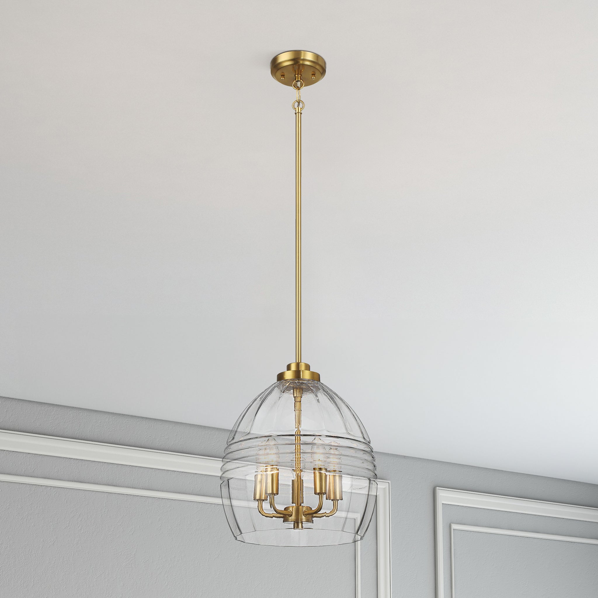 Ashcroft - Zen Five Pendant Chain Hanging Light with Clear Glass - Satin Brass