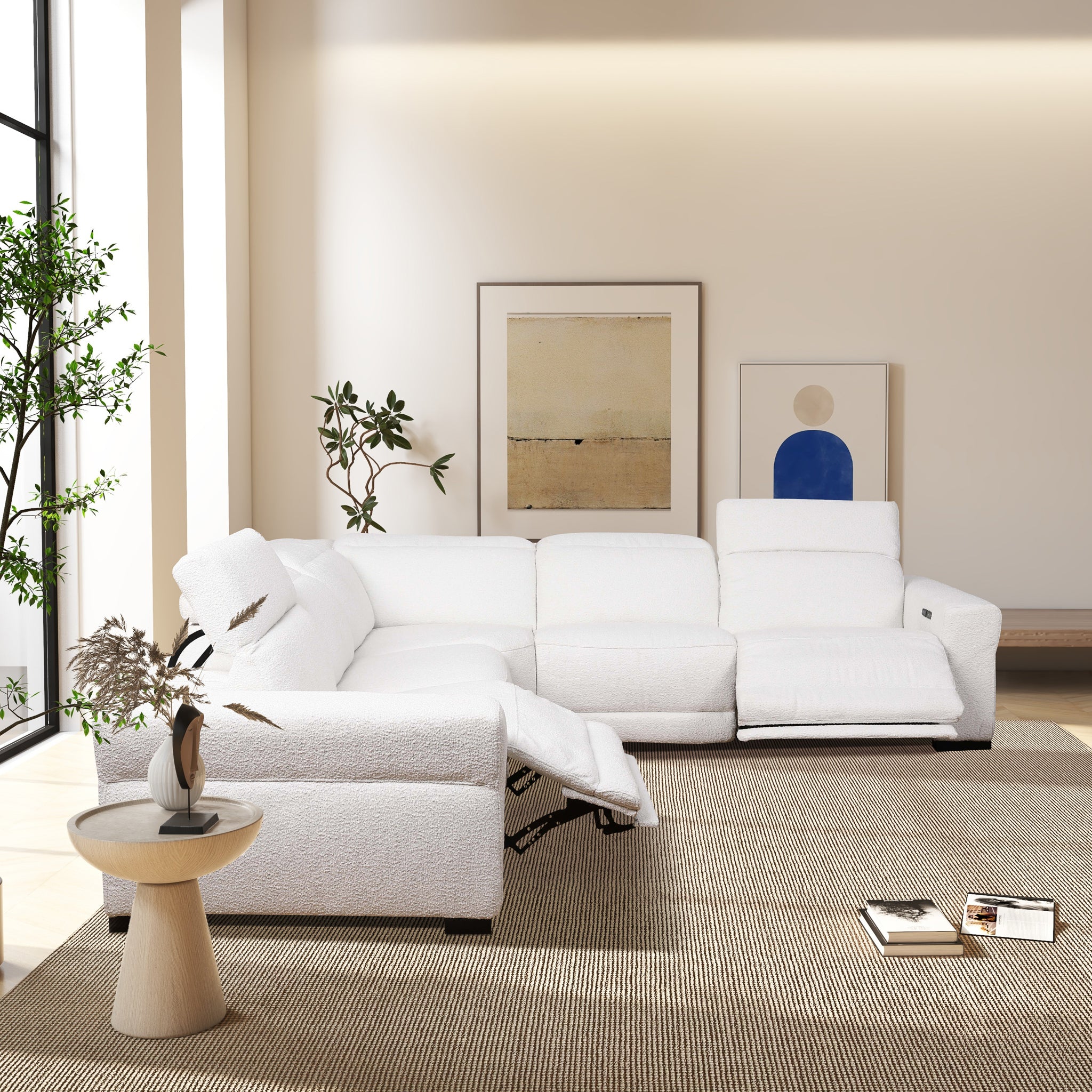 Ashcroft - Yohan Reclining Sectional Sofa - White Boucle