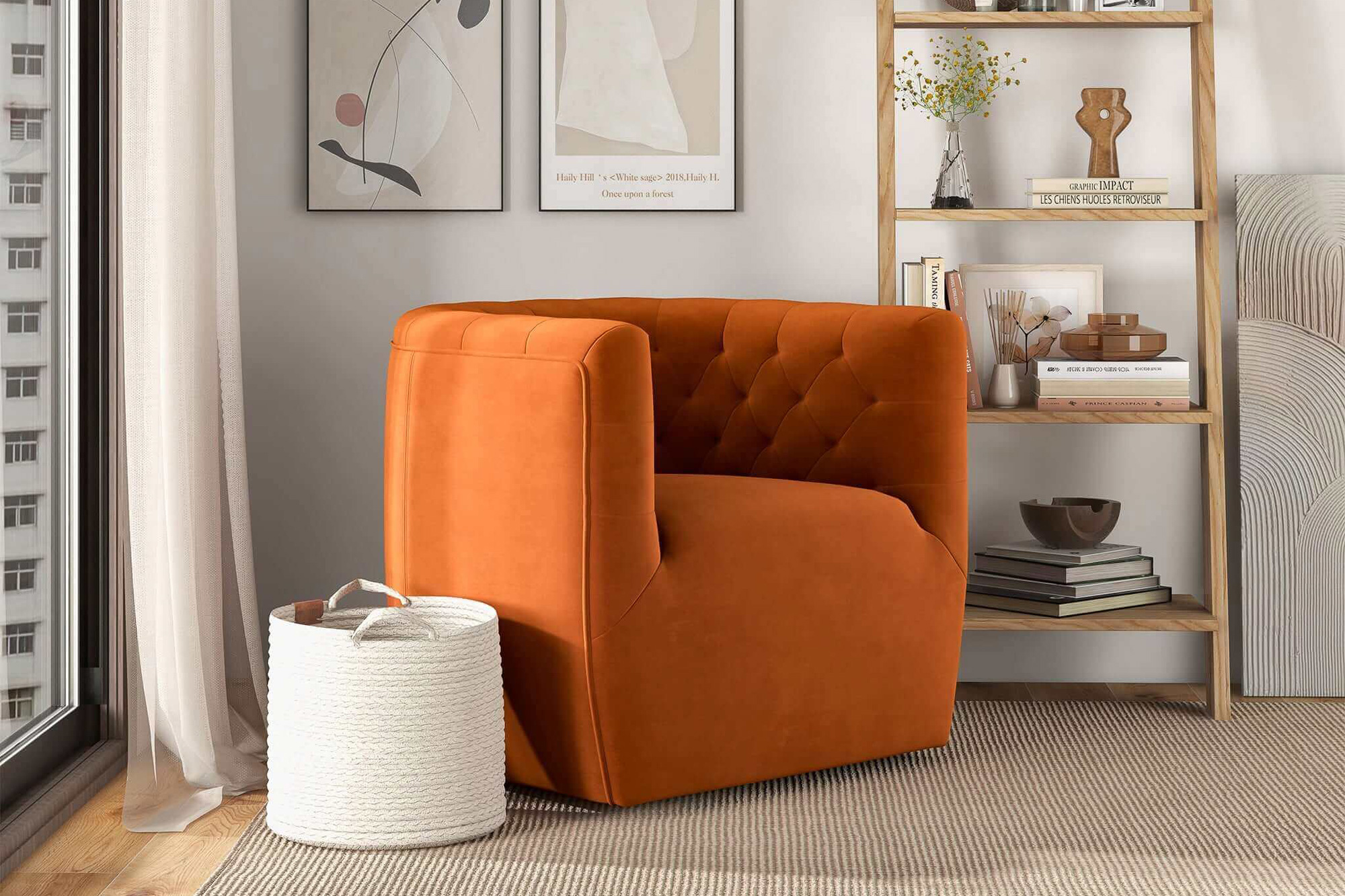 Ashcroft Delaney Velvet Swivel Chair - Burnt Orange