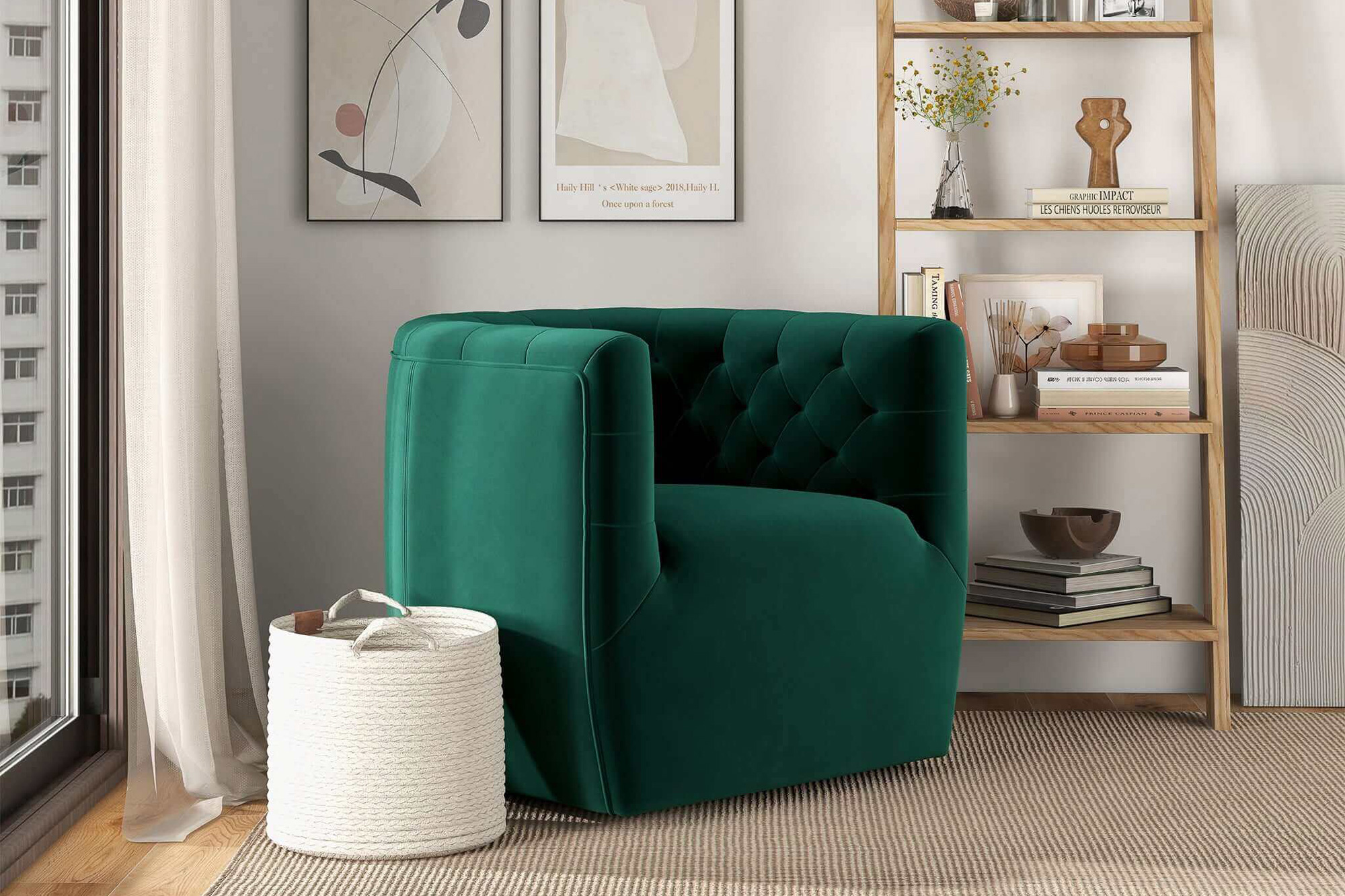 Ashcroft Delaney Velvet Swivel Chair - Green