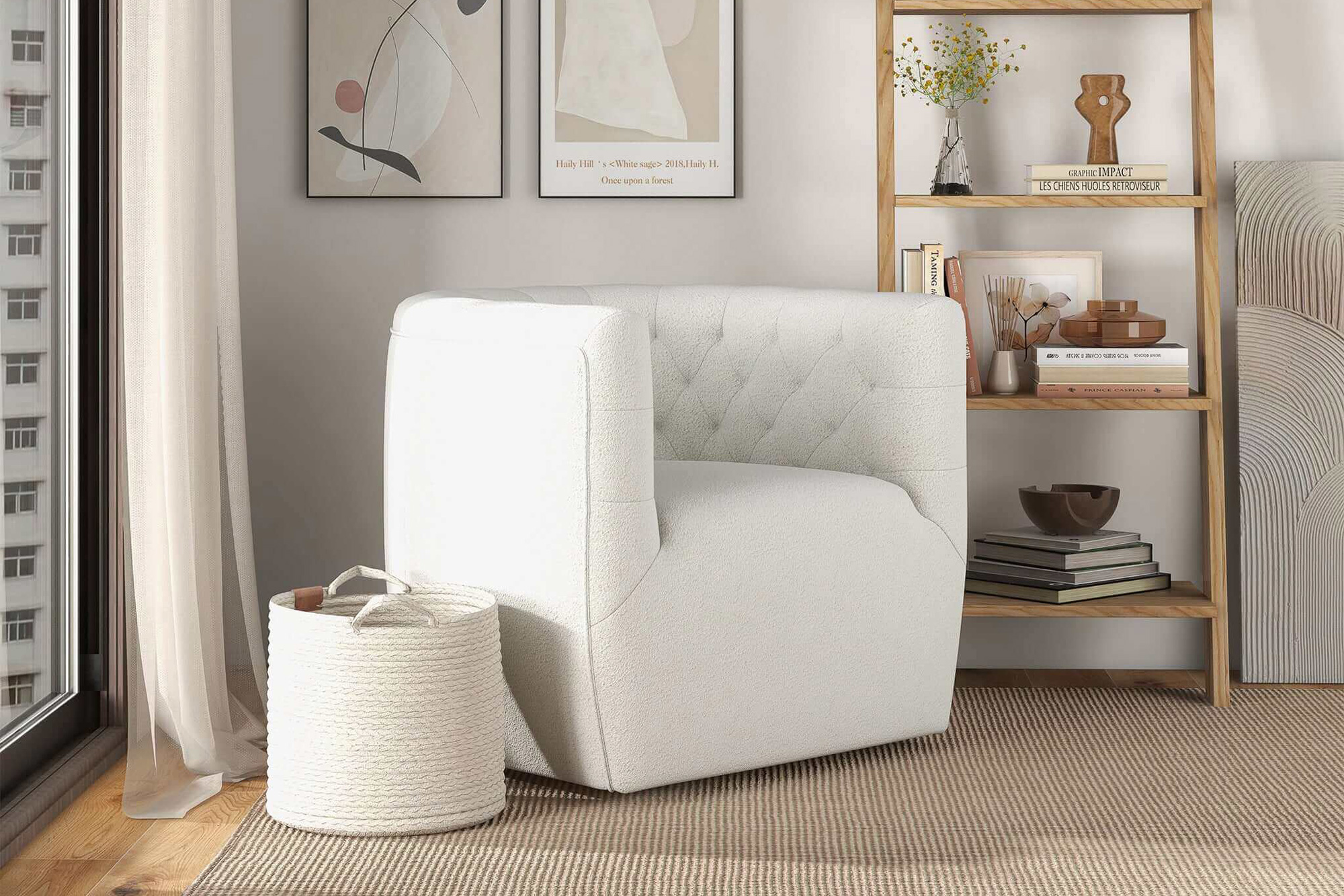 Ashcroft Delaney Boucle Swivel Chair - Cream
