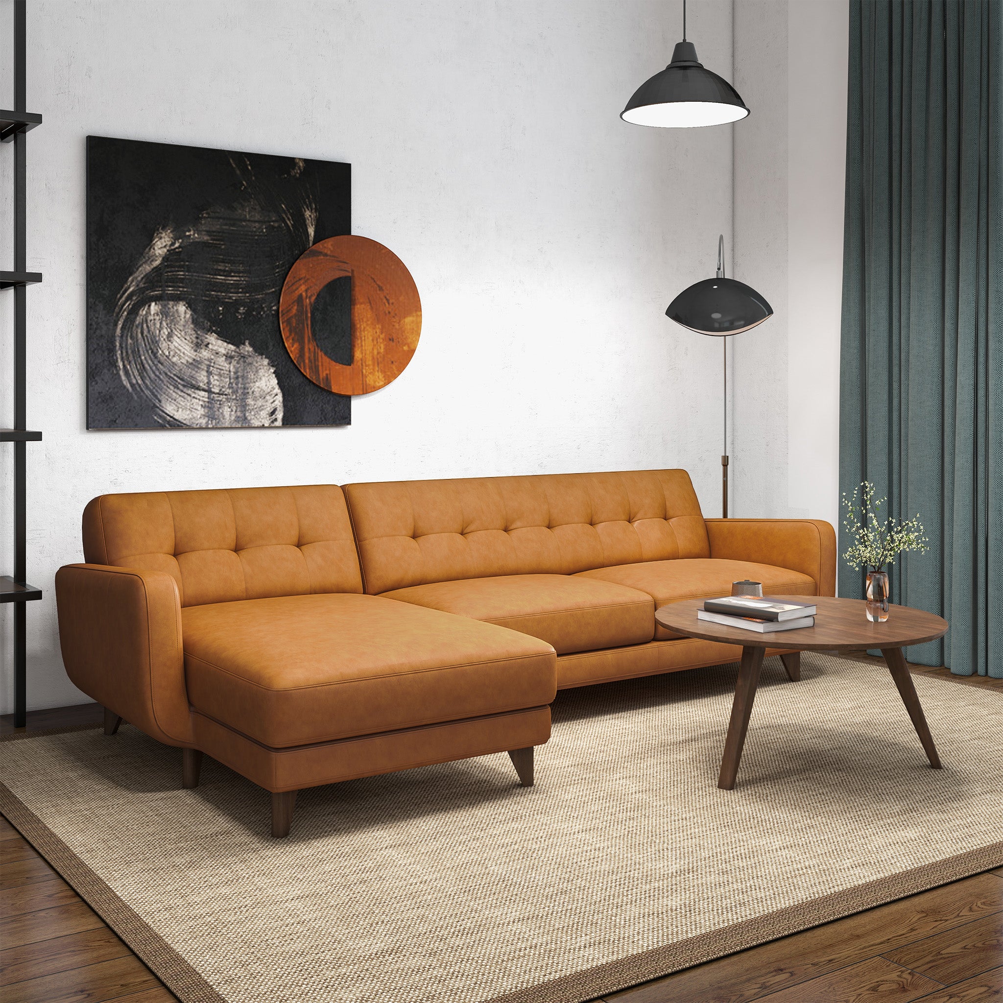 Ashcroft Allison Tan Leather Sectional Sofa – Left-Facing