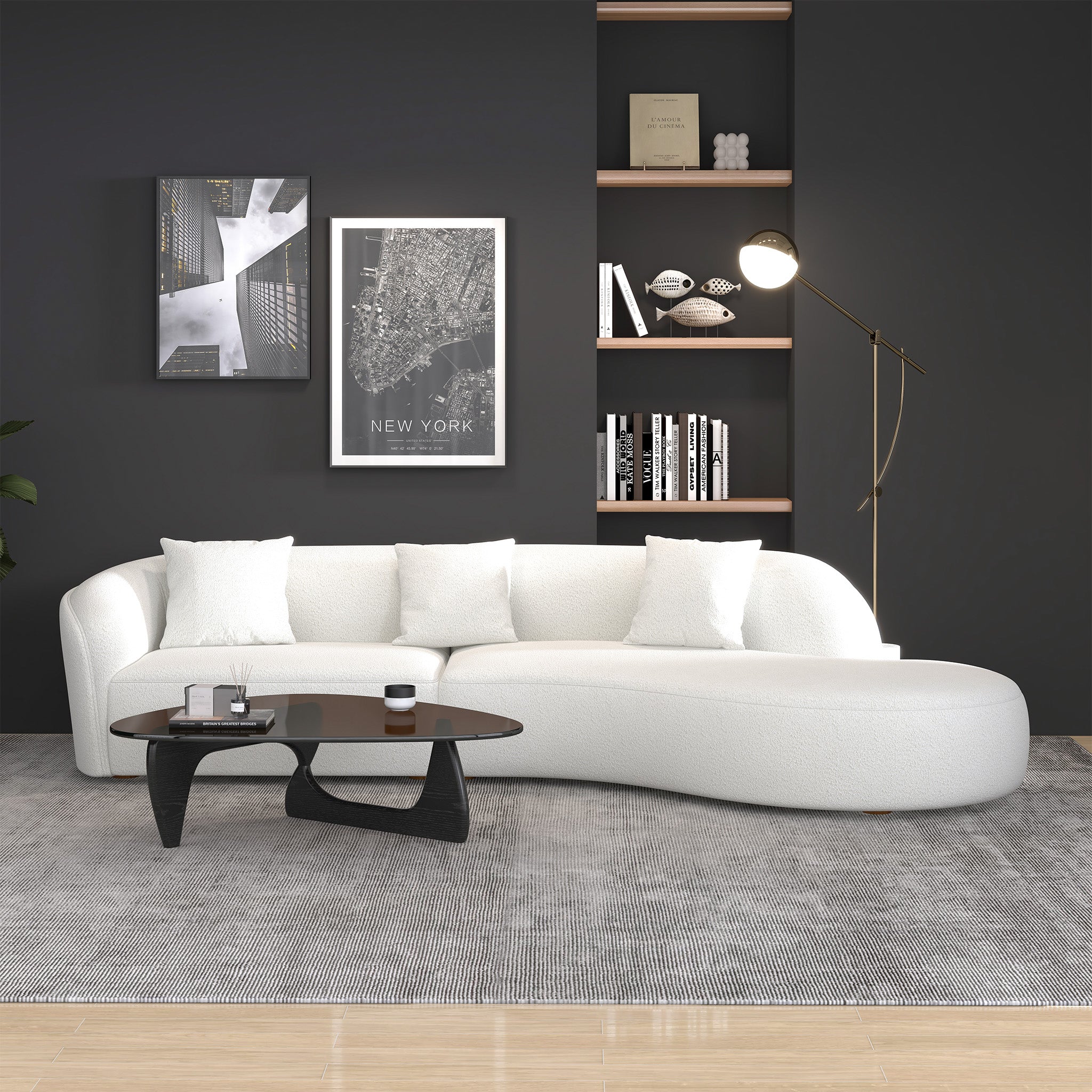 Ashcroft - Elijah Japandi Style 126" Curvy Sectional Sofa -Beige, 126"