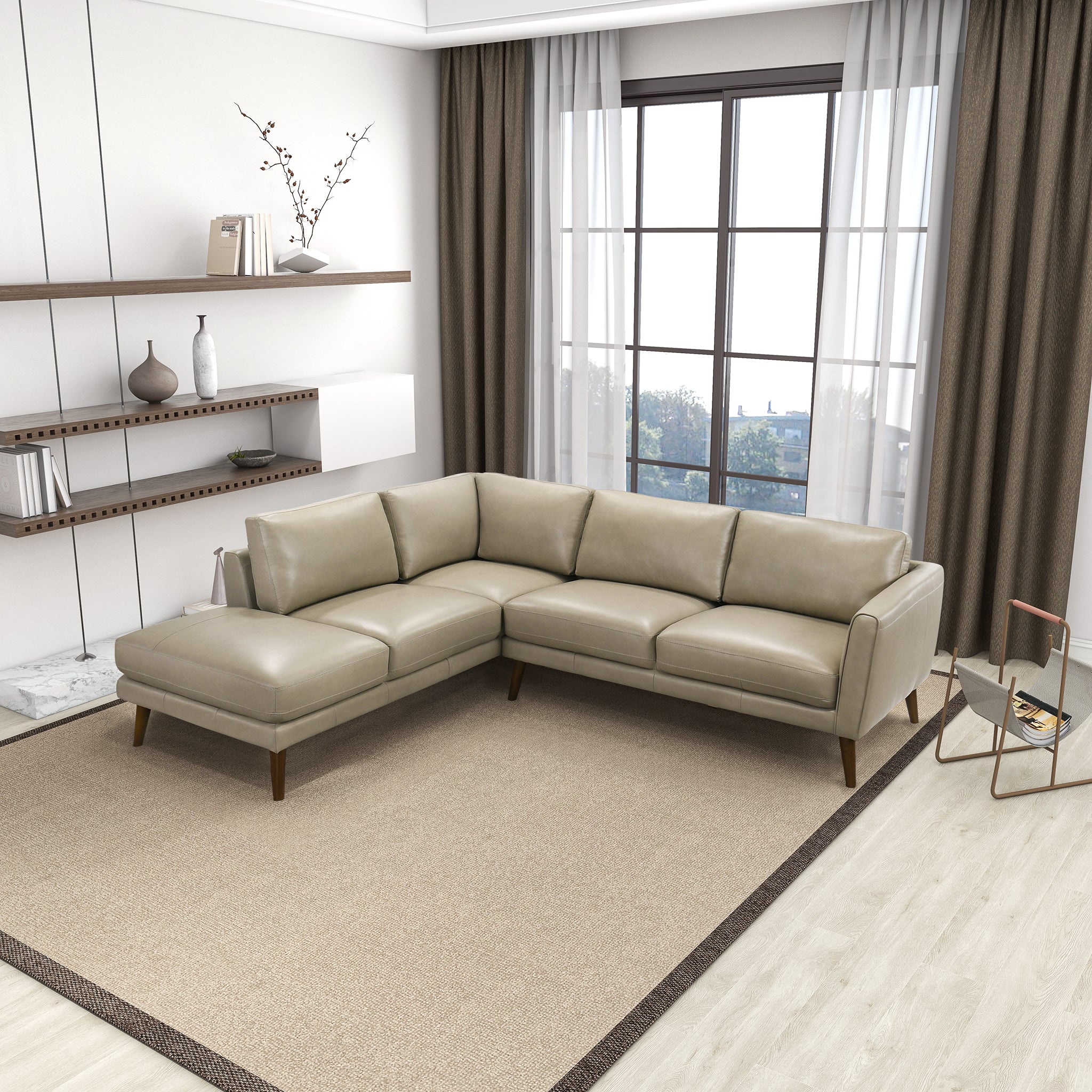 Ashcroft Benson Sectional Sofa - Beige Leather, Left Facing Chaise