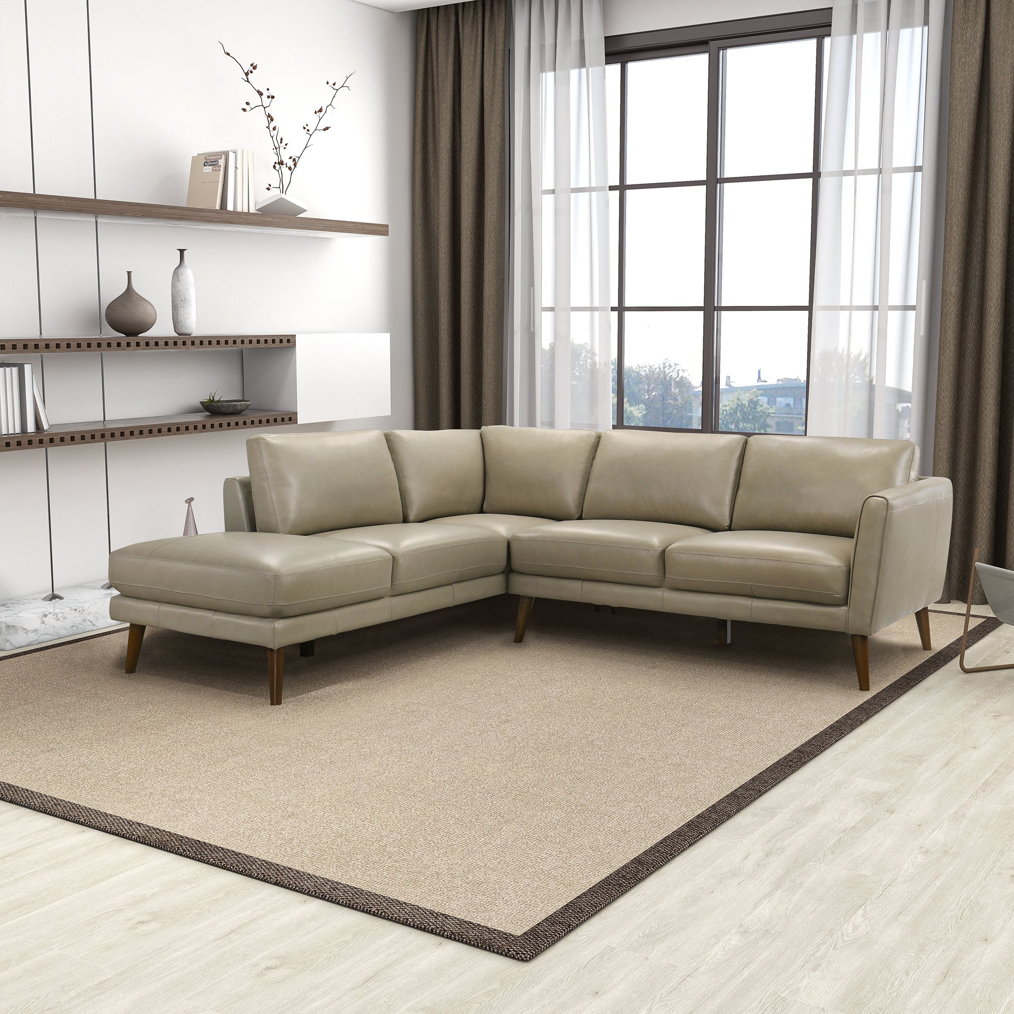 Ashcroft Benson Sectional Sofa - Beige Leather, Left Facing Chaise
