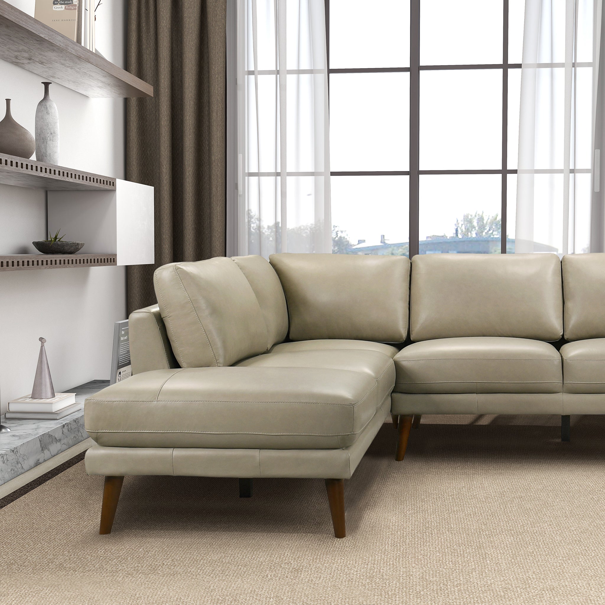 Ashcroft Benson Sectional Sofa - Beige Leather, Left Facing Chaise
