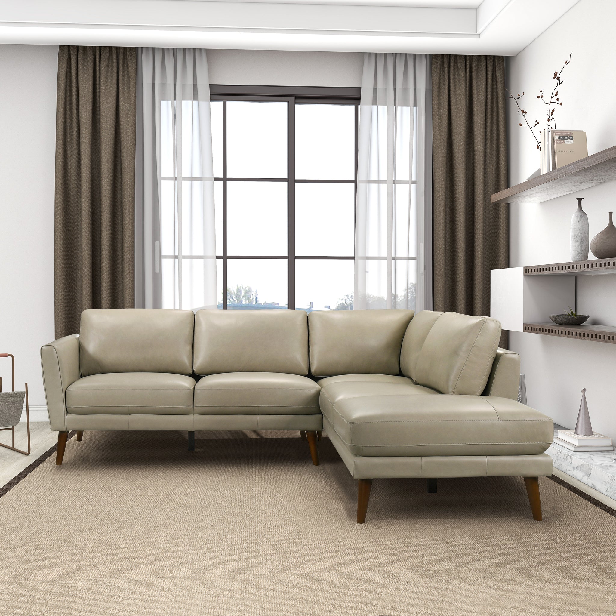 Ashcroft Benson Sectional Sofa - Beige Leather, Right Facing Chaise