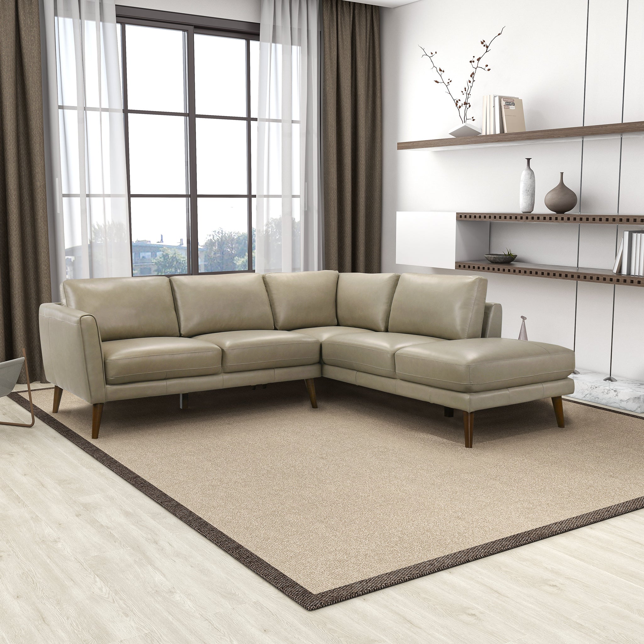 Ashcroft Benson Sectional Sofa - Beige Leather, Right Facing Chaise