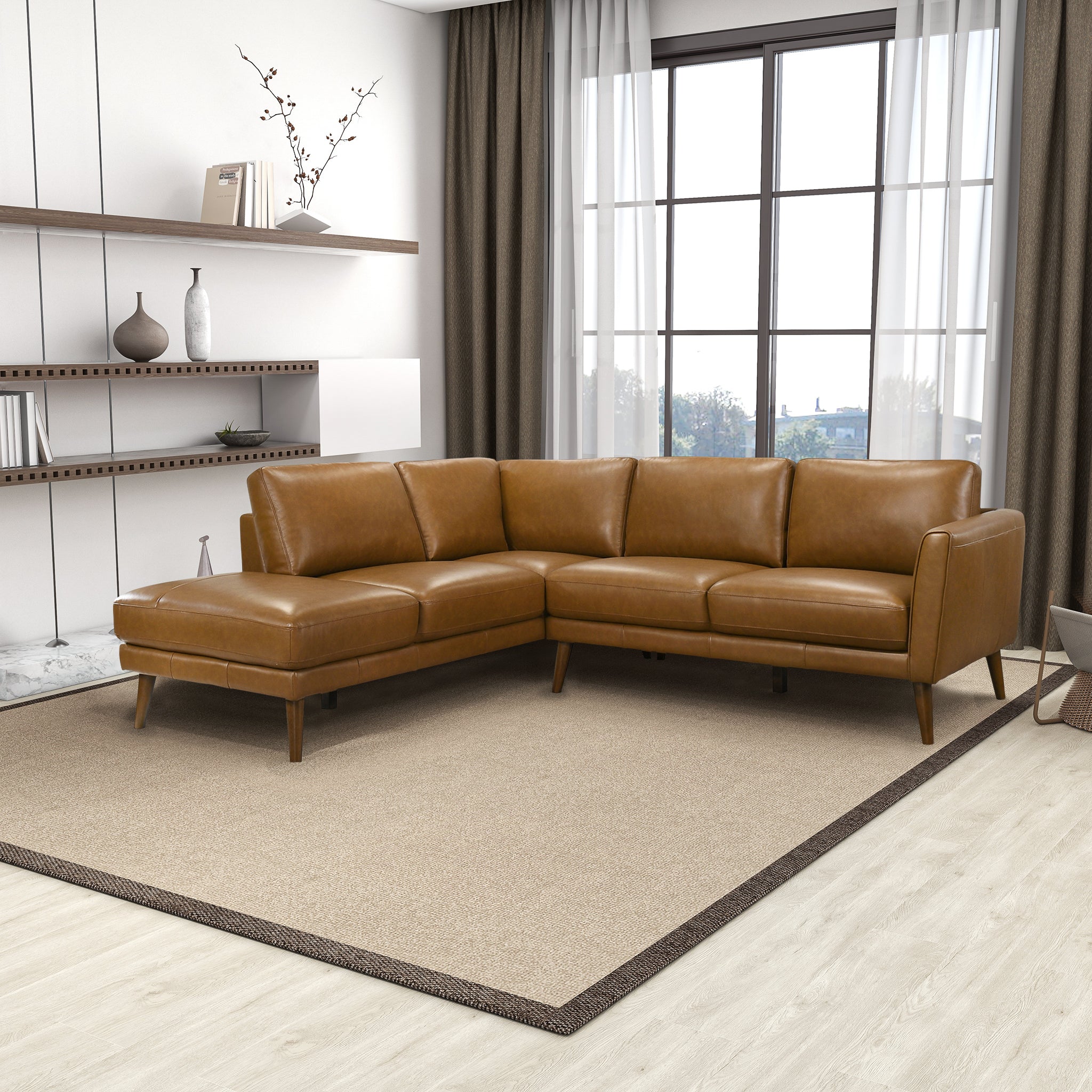 Ashcroft Benson Sectional Sofa - Tan Leather, Left Facing Chaise
