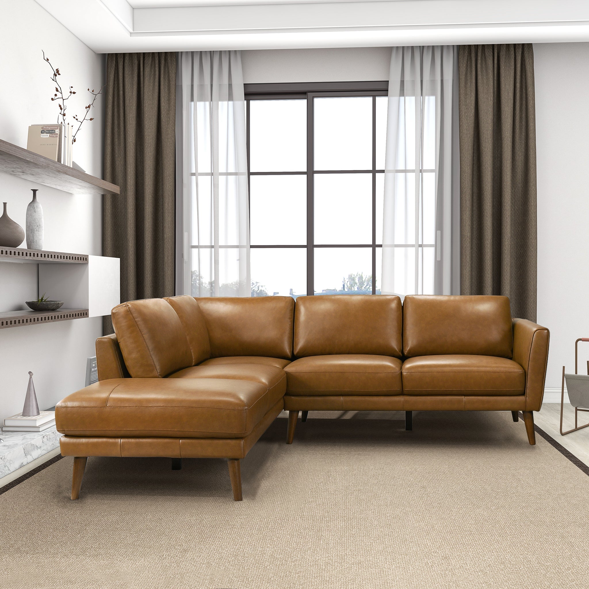 Ashcroft Benson Sectional Sofa - Tan Leather, Left Facing Chaise