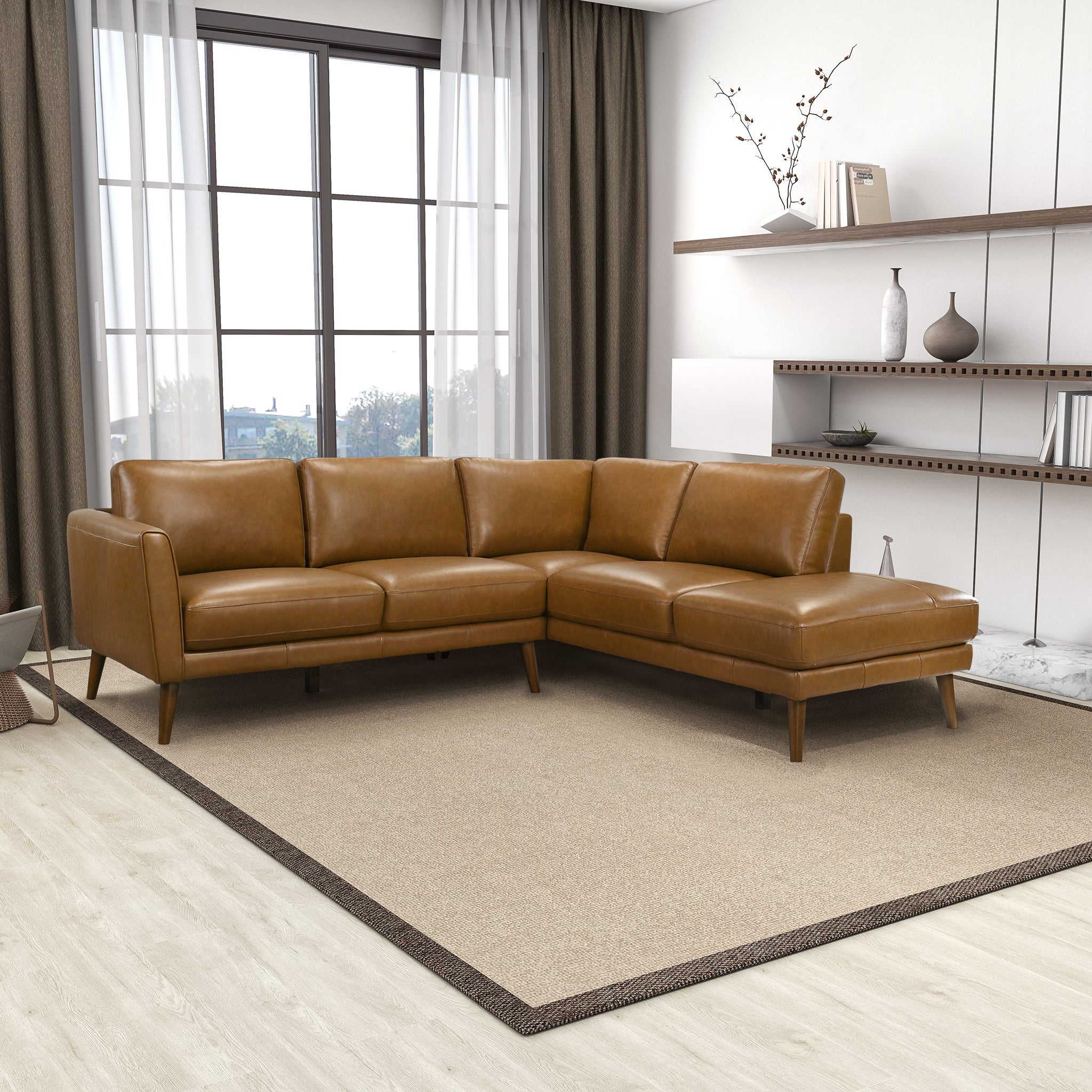 Ashcroft Benson Sectional Sofa - Tan Leather, Right Facing Chaise
