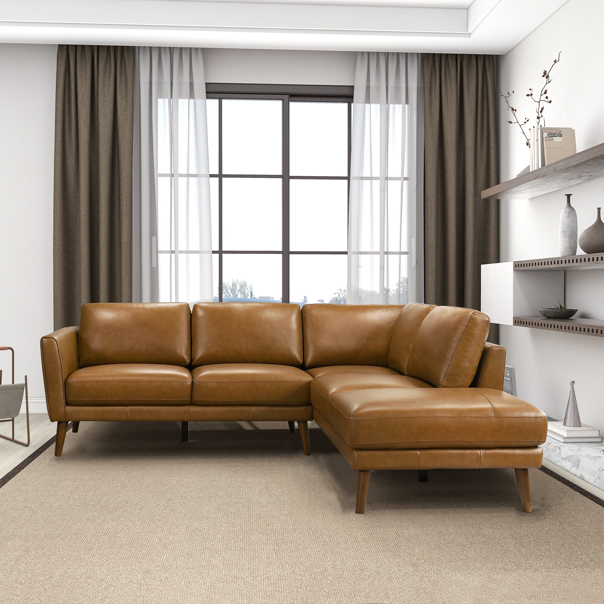 Ashcroft Benson Sectional Sofa - Tan Leather, Right Facing Chaise