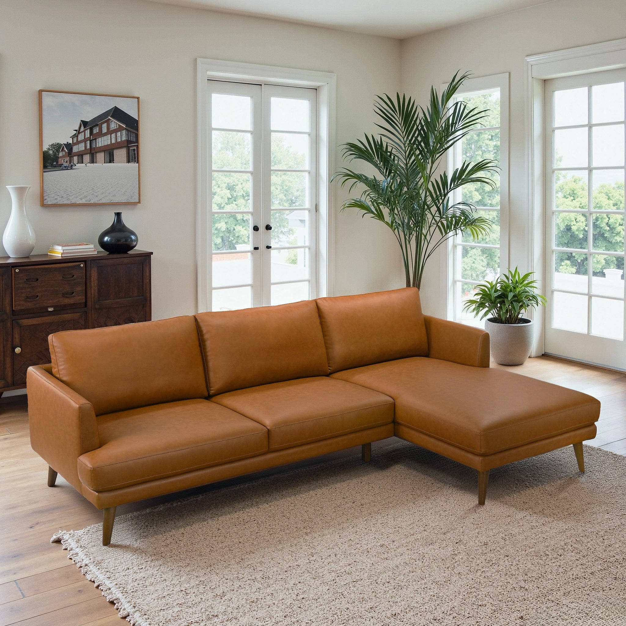 Ashcroft Lore L-Shaped Genuine Leather Sectional - Cognac Vegan Leather, Right Facing