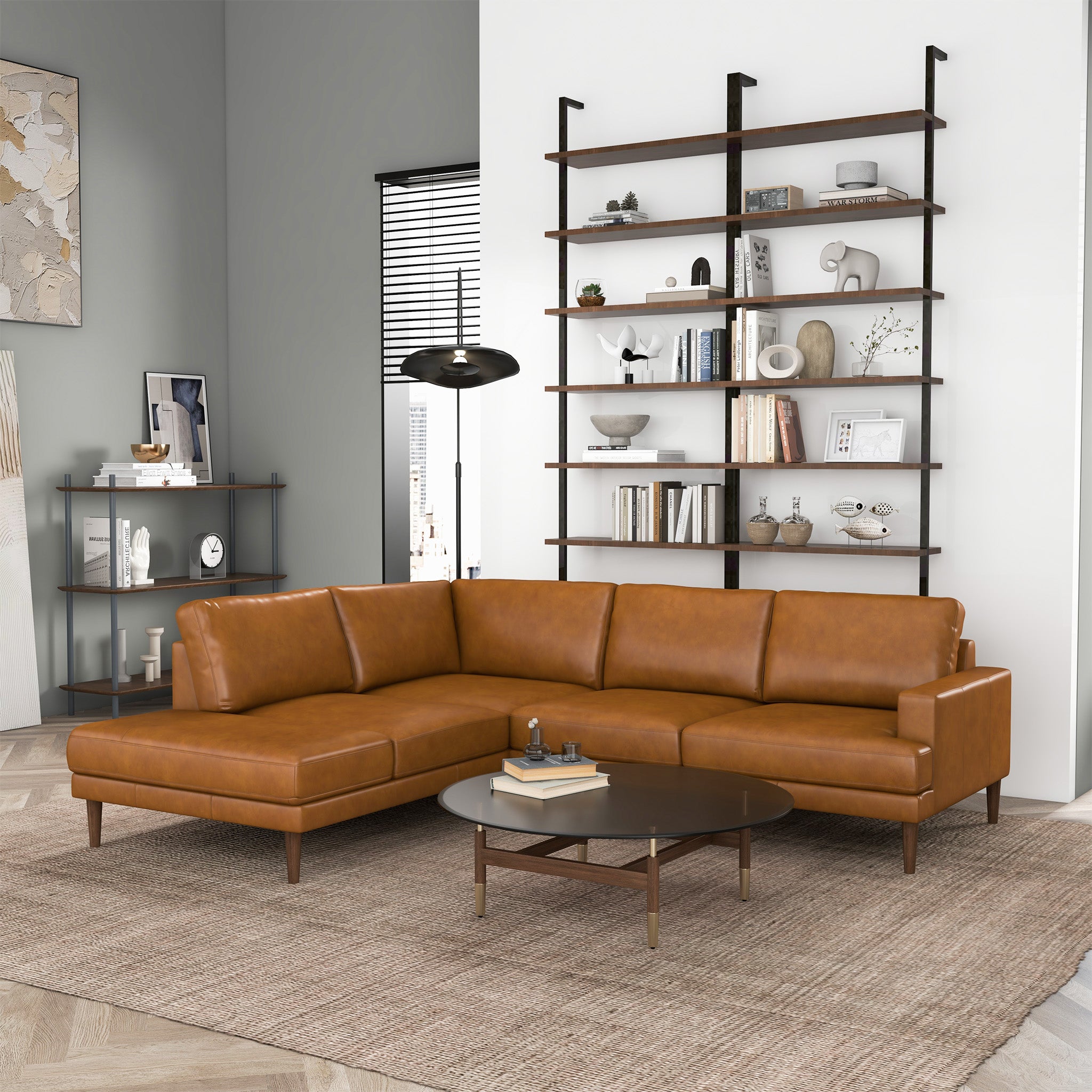 Ashcroft - Corbin Left-Facing Tan Leather Sectional Sofa