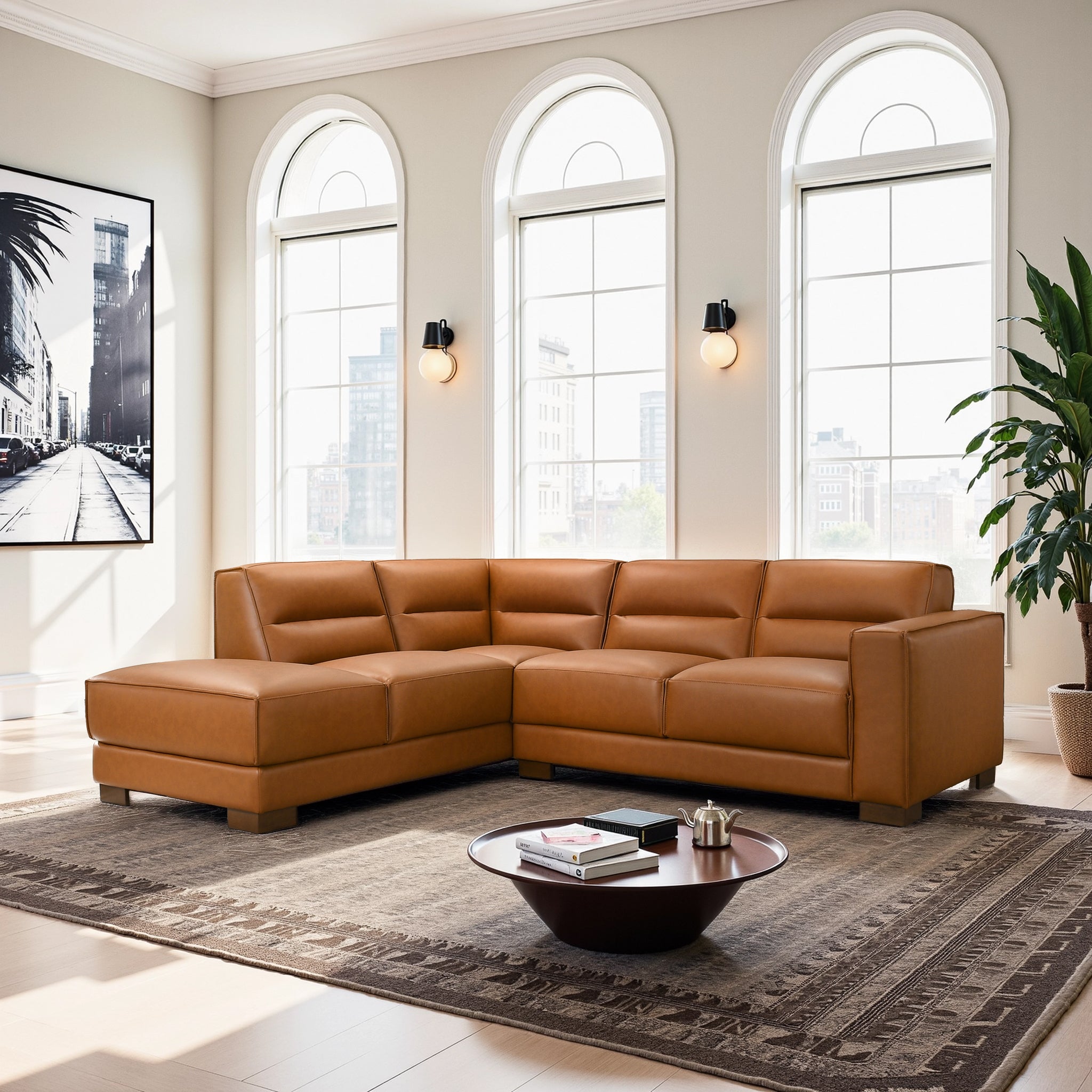 Ashcroft - Muncie L-Shaped Sofa with Plush Cushions & Walnut Wood Legs