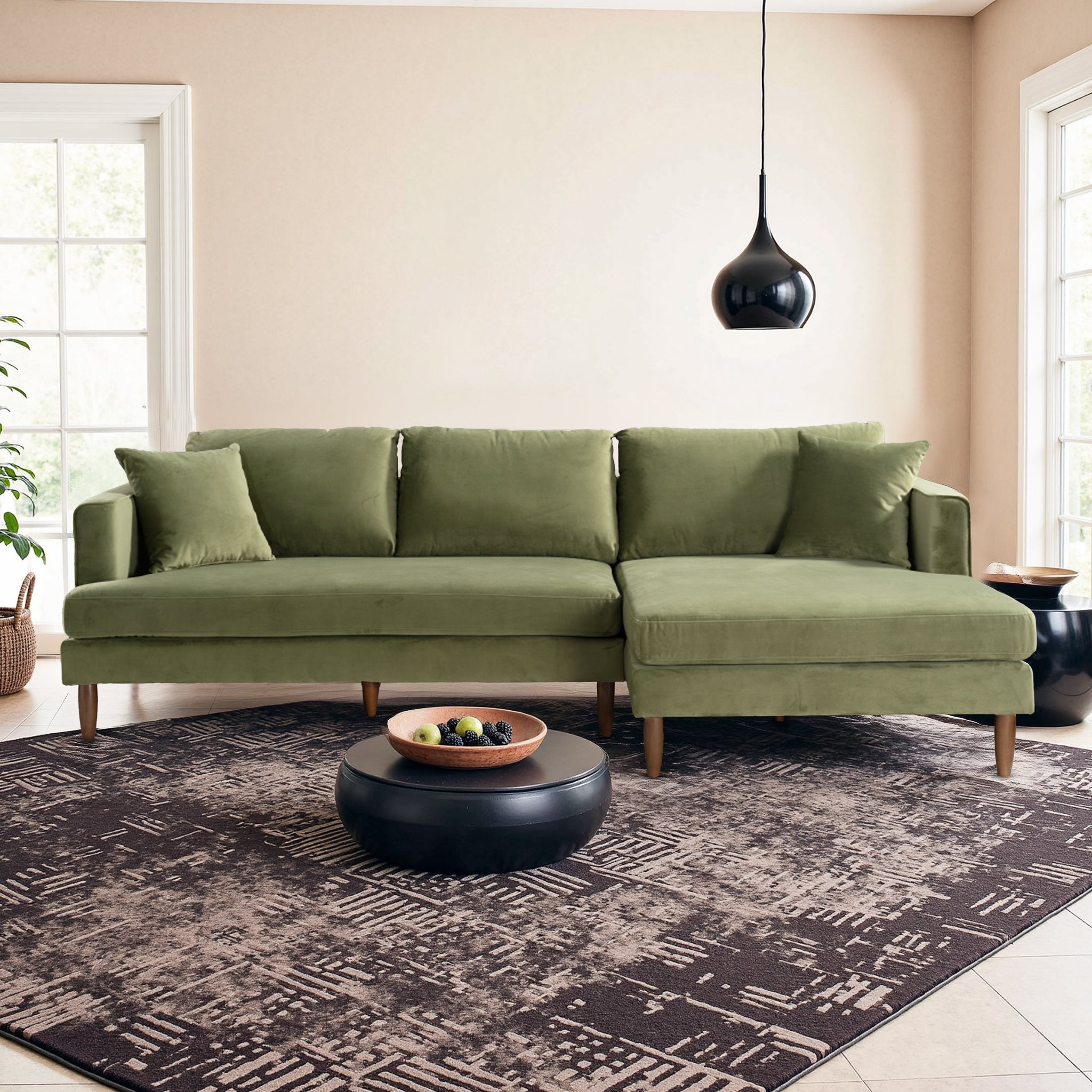 Ashcroft Blake L-Shaped Sectional Sofa - Olive Green Velvet, Right Facing