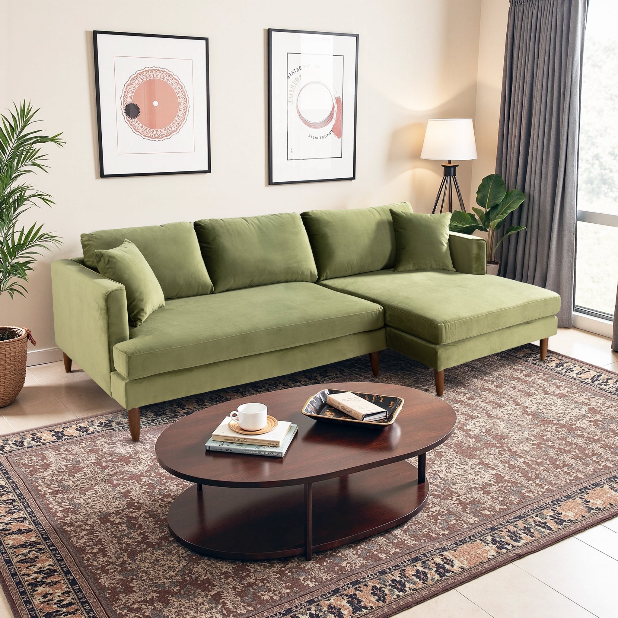 Ashcroft Blake L-Shaped Sectional Sofa - Olive Green Velvet, Right Facing