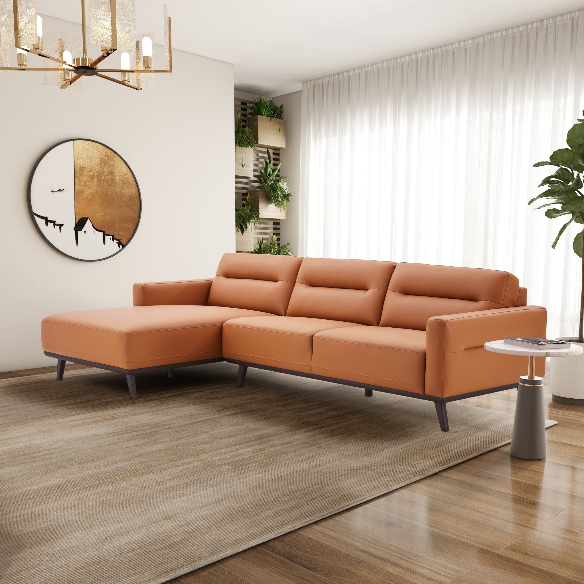 Ashcroft Ella L-Shaped Sectional Couch - Cognac PU Leather, Left Facing