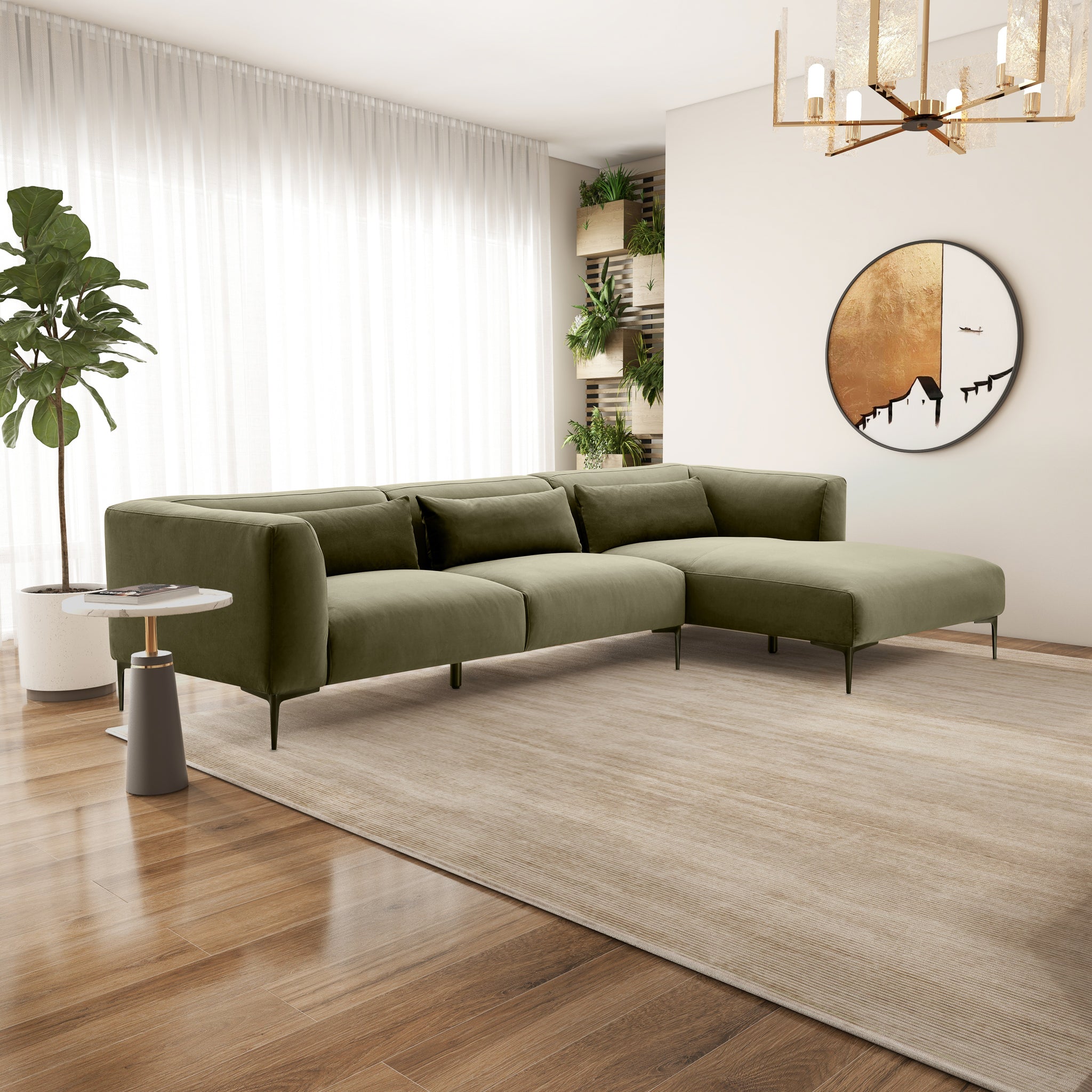 Ashcroft - Laley Right-Facing L-Shaped Velvet Sectional in Green