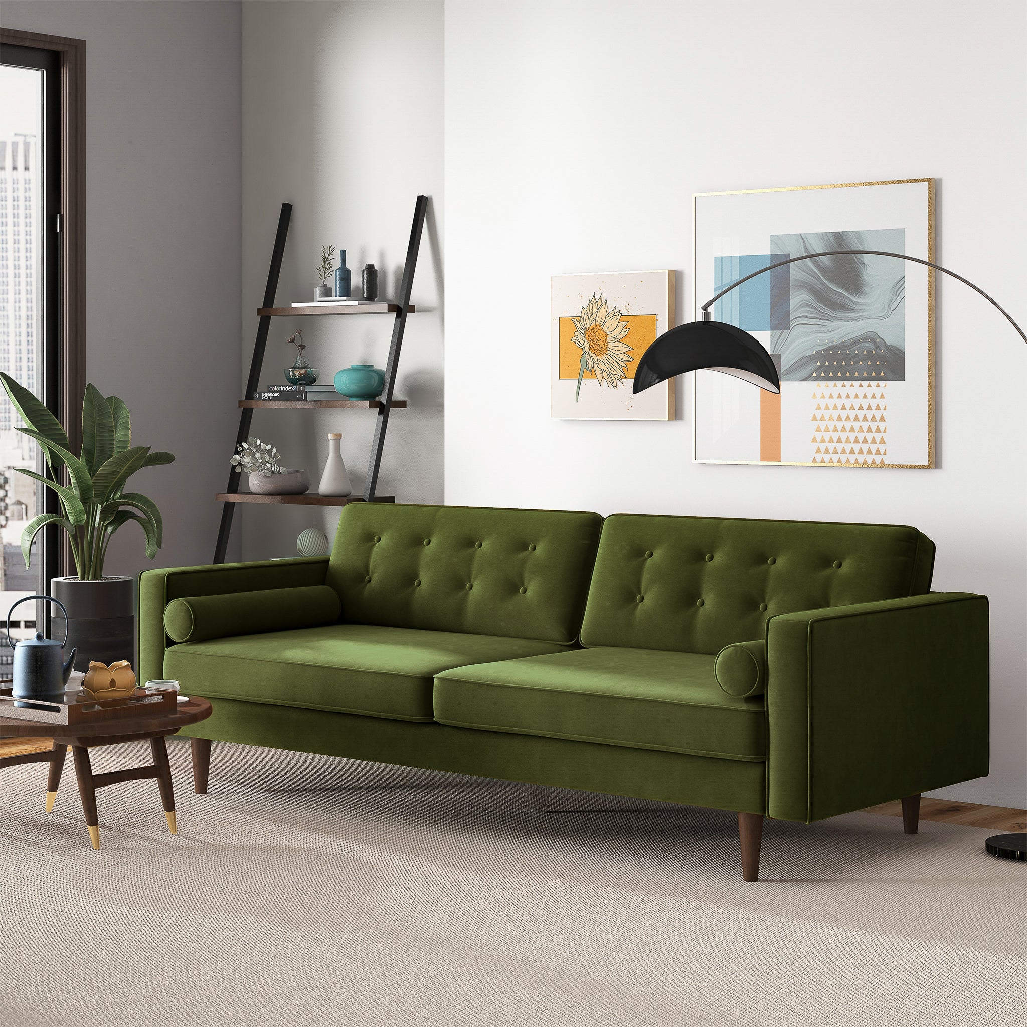 Casey Mid Century Modern Velvet Sofa - Olive Green