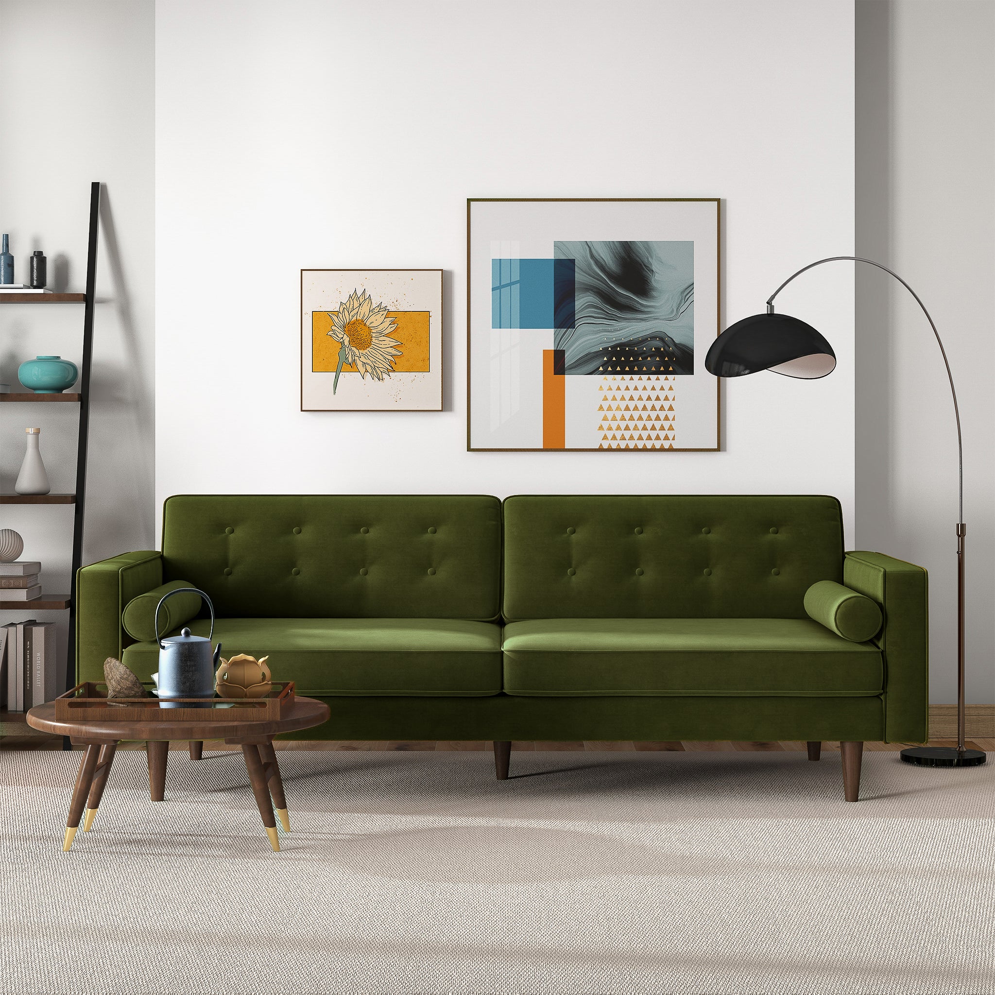 Casey Mid Century Modern Velvet Sofa - Olive Green