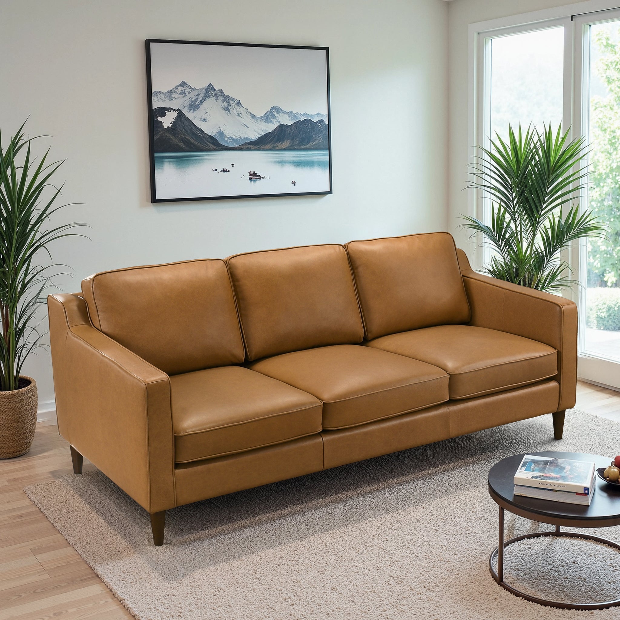 Ashcroft - Cooper Mid Century Modern Tan Leather Sofa