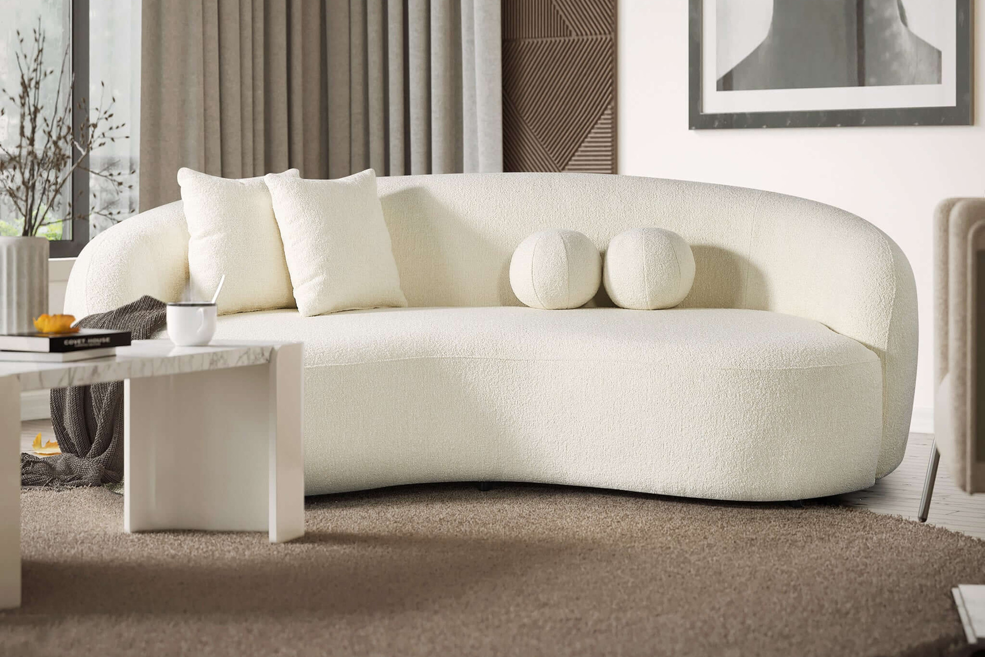 Ashcroft Drake Japandi Style Curvy Boucle Sofa - Ivory
