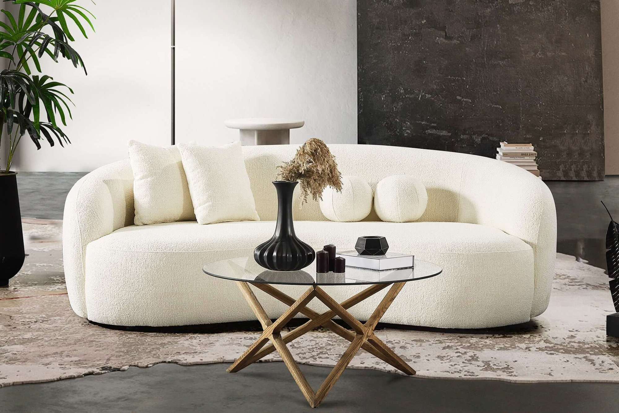 Ashcroft Drake Japandi Style Curvy Boucle Sofa - Ivory
