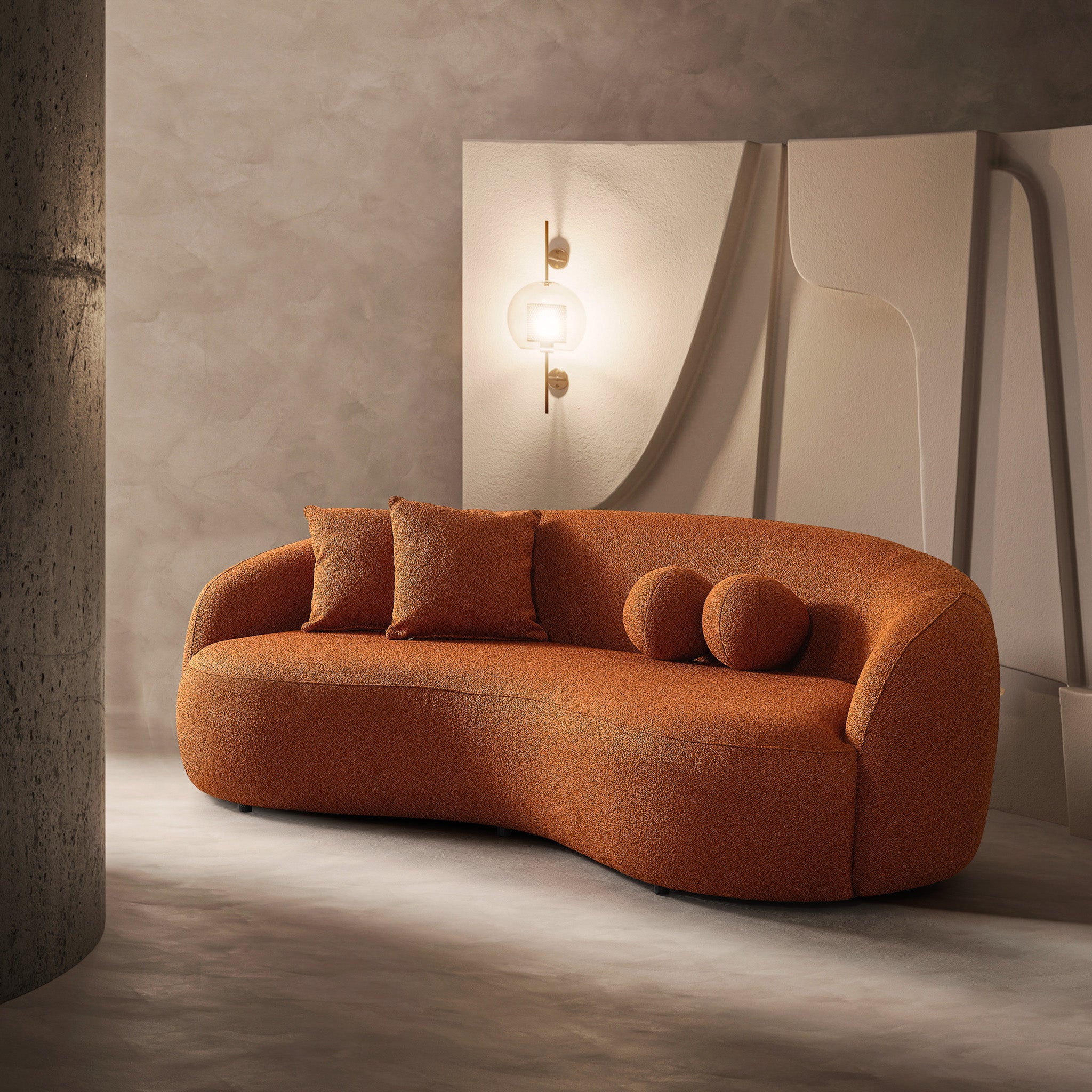 Ashcroft Drake Japandi Style Curvy Boucle Sofa - Orange