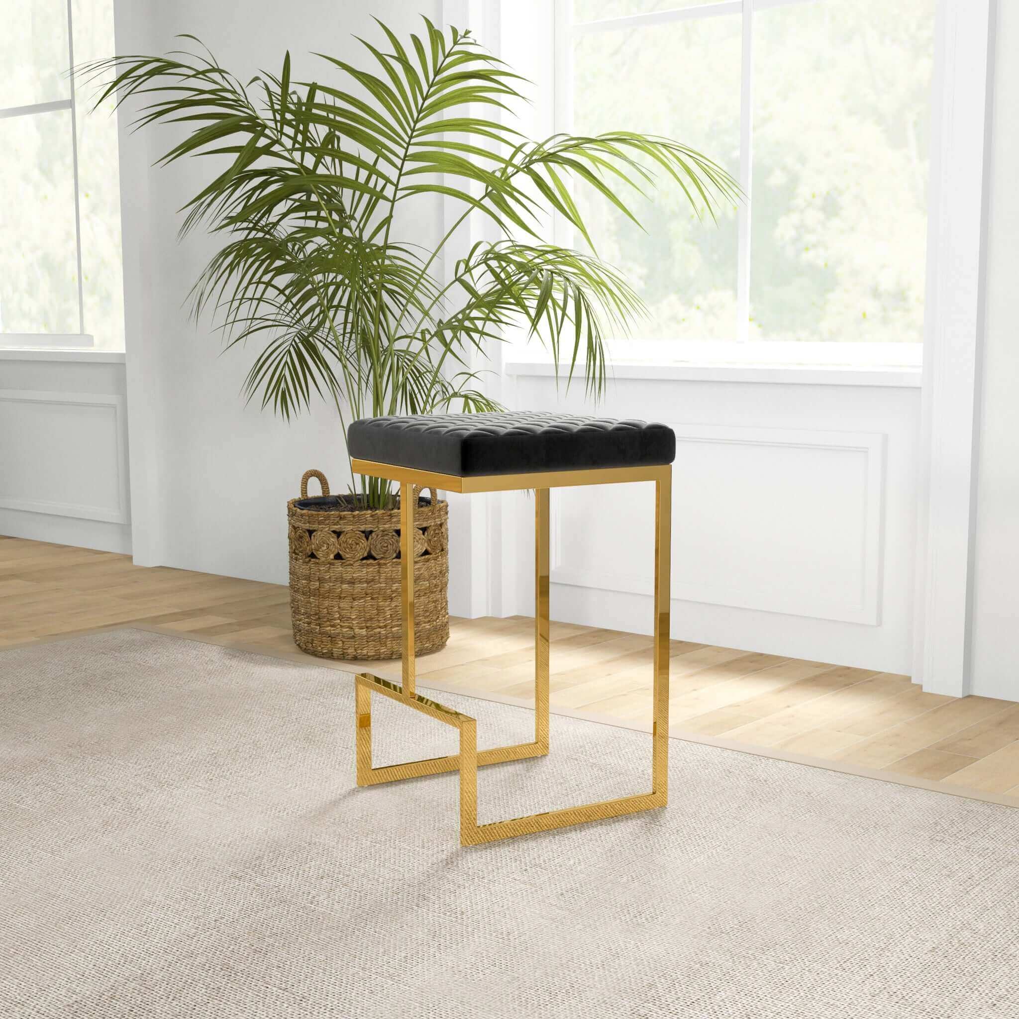 Ashcroft Joel Mid-Century Modern Luxury Upholstered Stool – Black Velvet