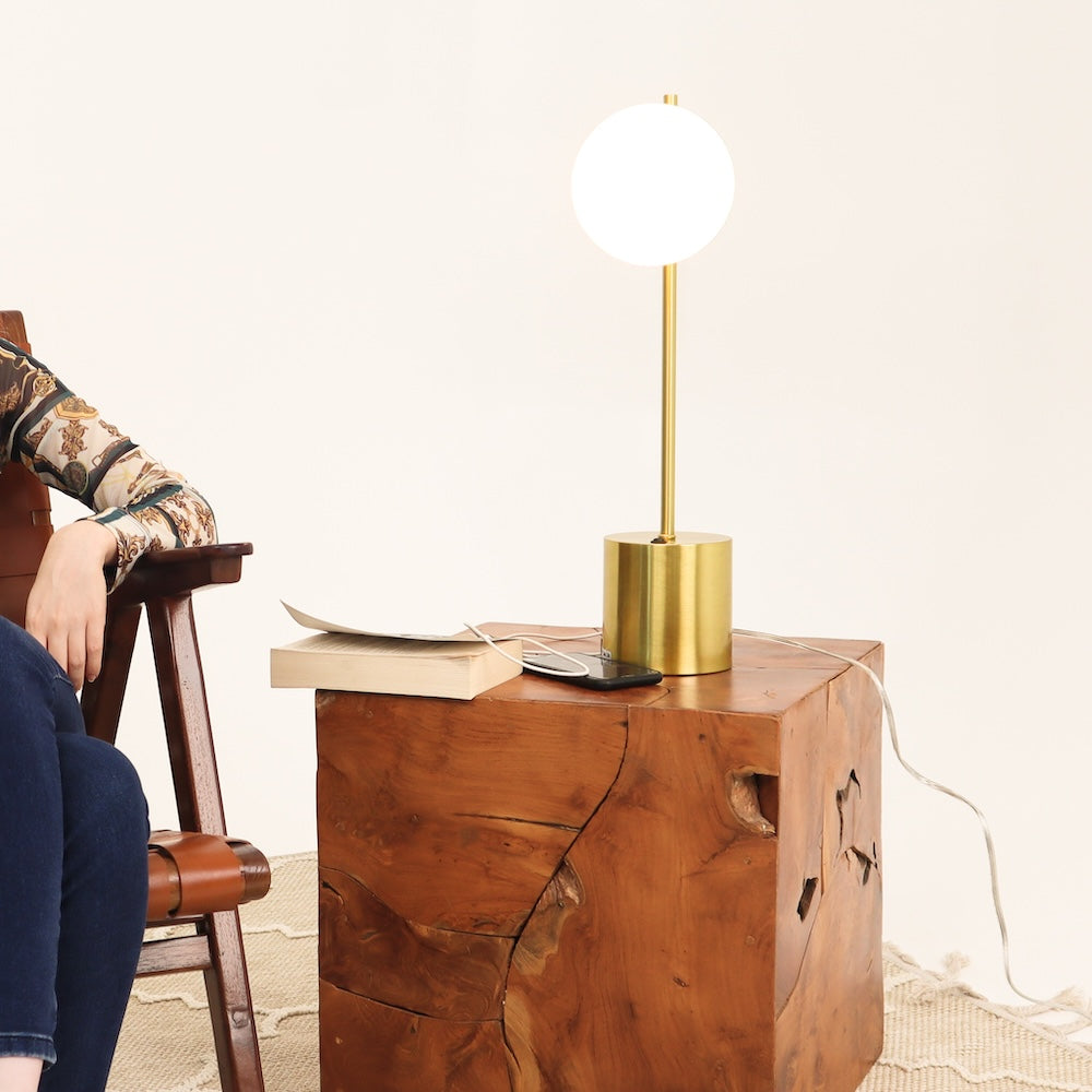 Ashcroft - Ethereal Modern Small Brass Metal Table Lamp, Desk Lamp Fixture with White Glass Globe Shade
