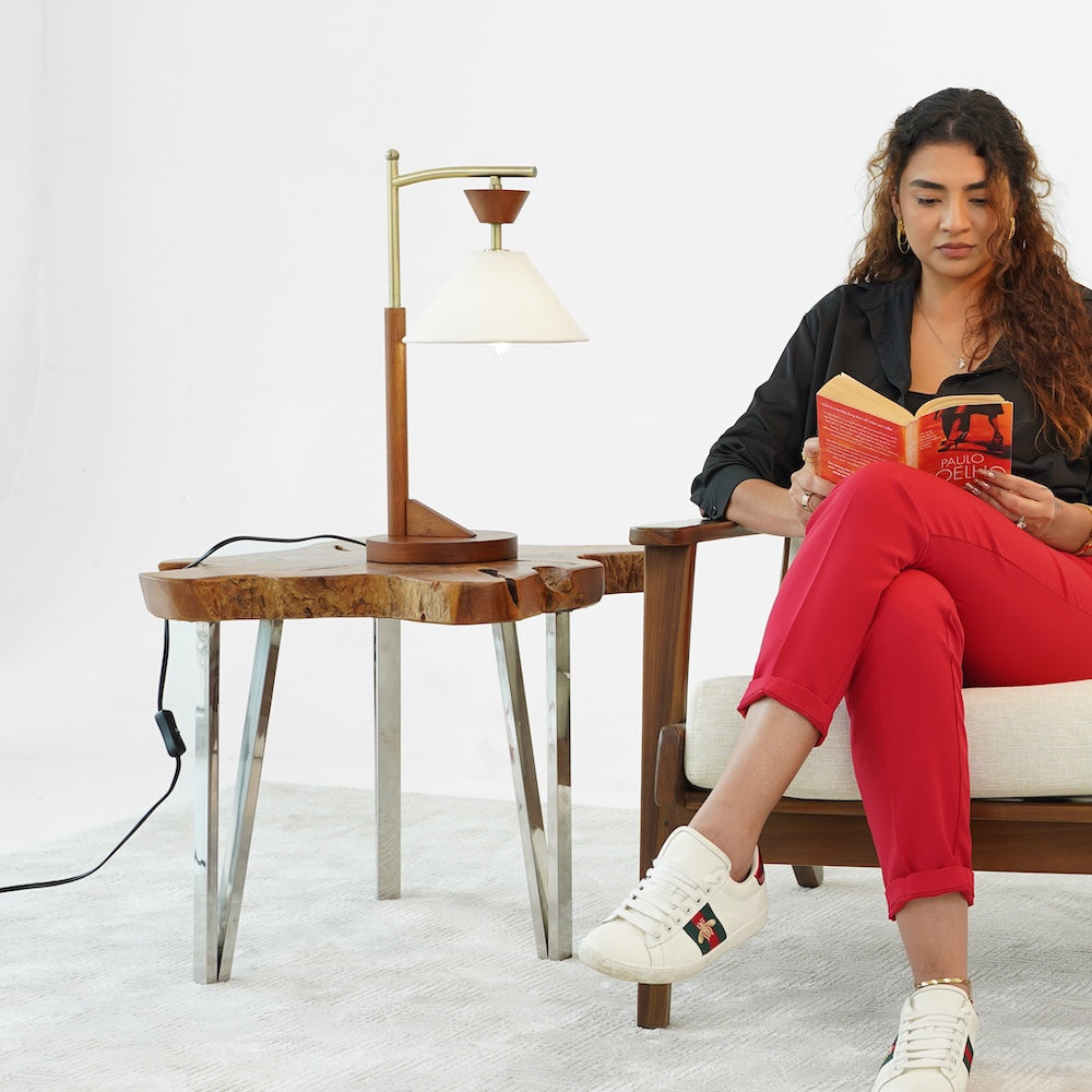 Ashcroft - Dreamlight Table Lamp, Brown Solid Wood Base with Elegant Cone Linen Shade