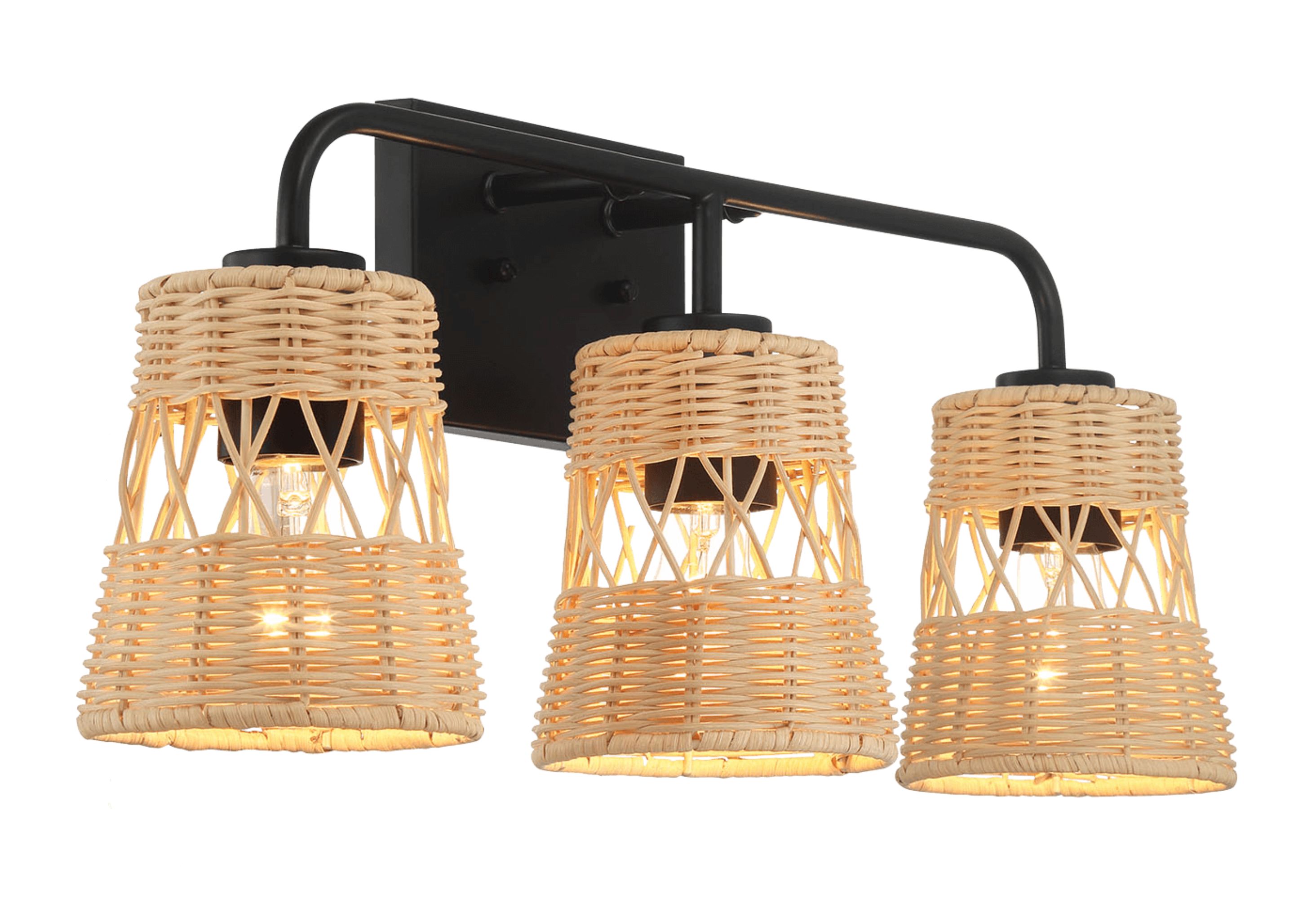 Ashcroft - Moonlit Three Lights Wall Sconce With Rattan Shade, Bathroom Lighting Fixtures Over Mirror