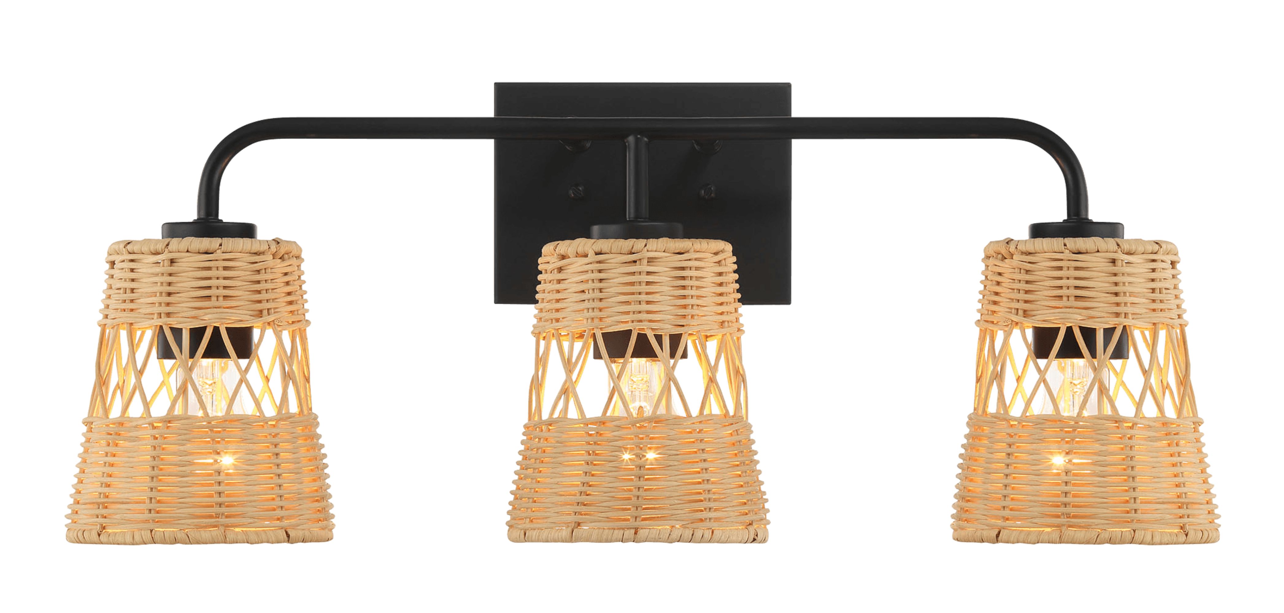 Ashcroft - Moonlit Three Lights Wall Sconce With Rattan Shade, Bathroom Lighting Fixtures Over Mirror