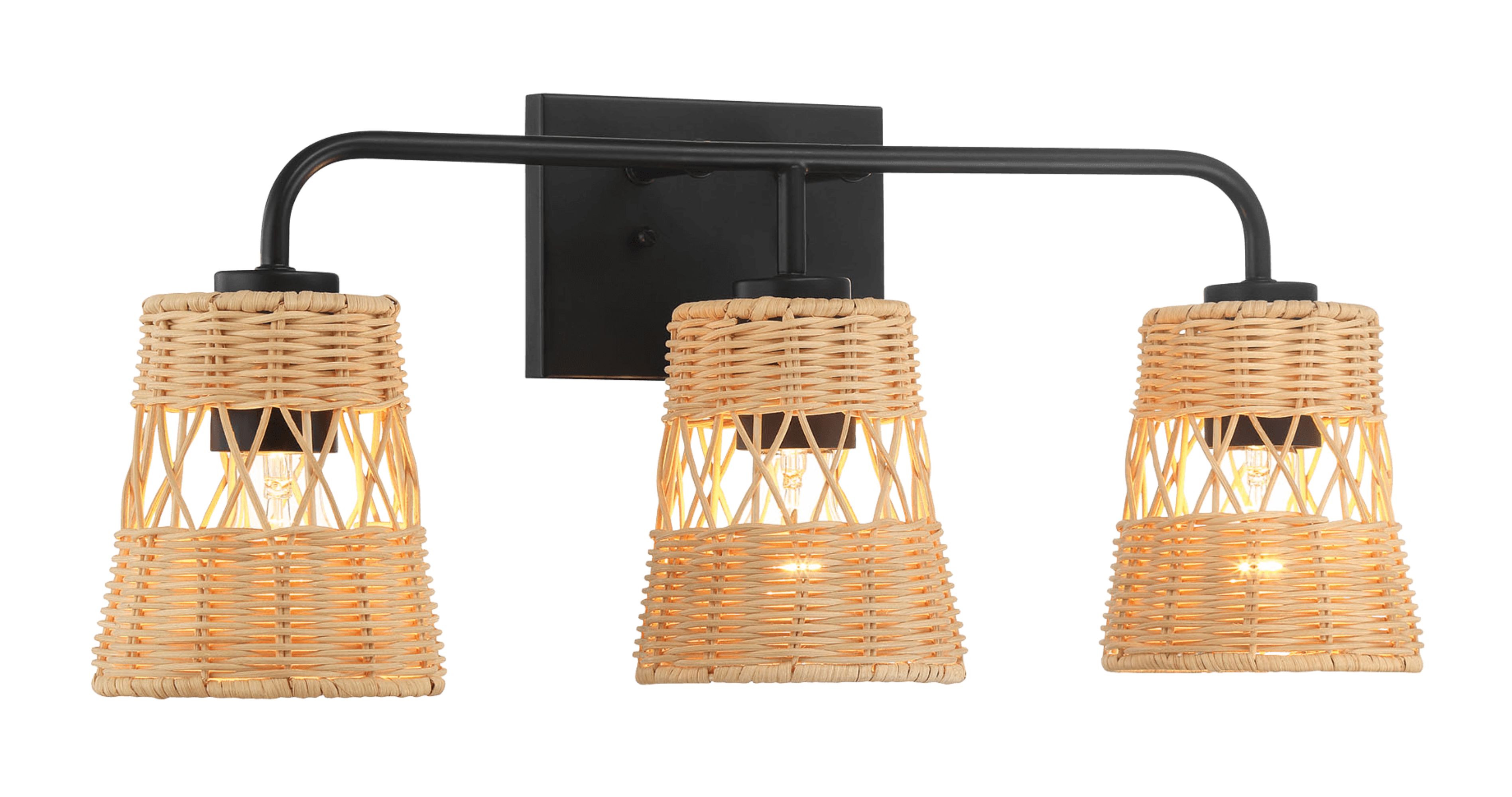 Ashcroft - Moonlit Three Lights Wall Sconce With Rattan Shade, Bathroom Lighting Fixtures Over Mirror