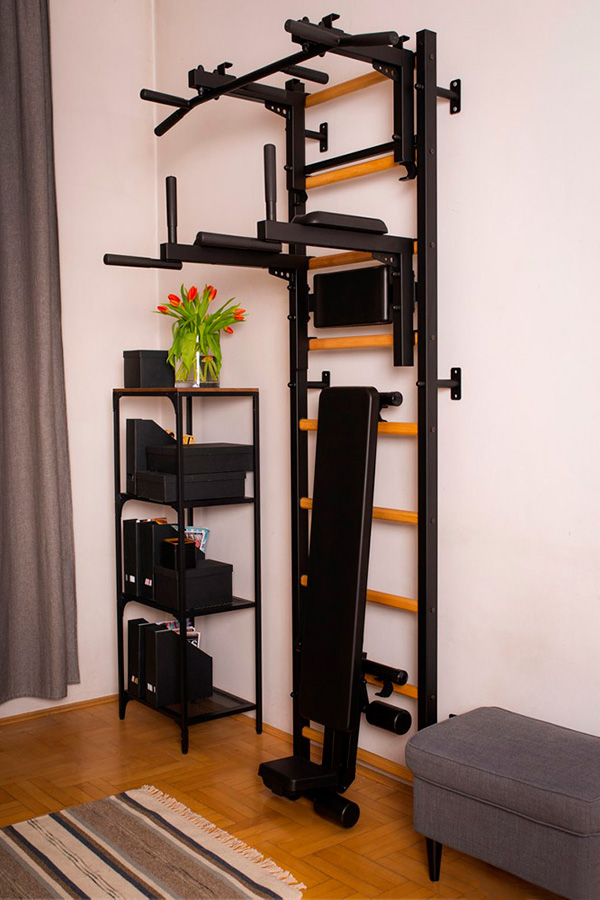 BenchK 733B Wall Bar with Convertible Pull-Up Bar, Dip Bar and Workout Bench - Black/Wood