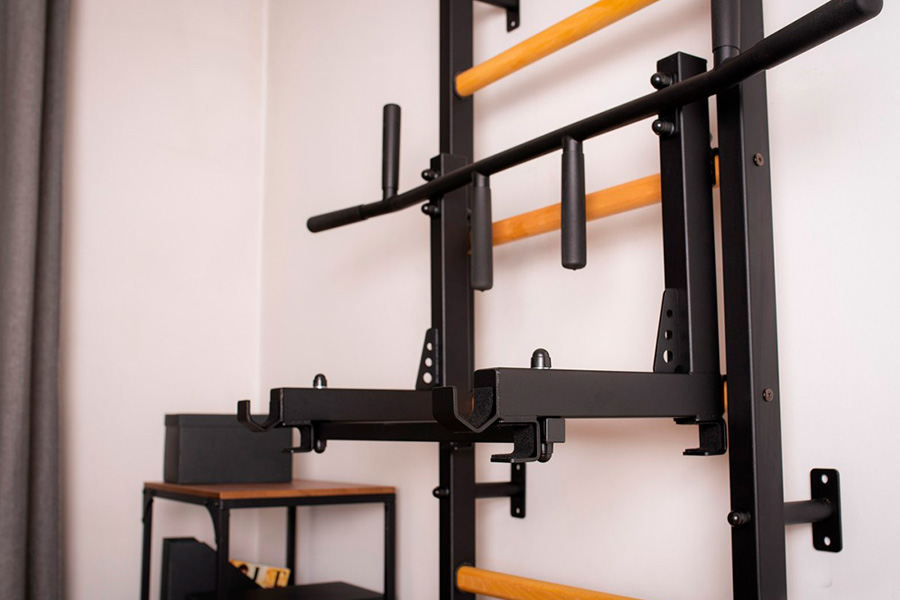 BenchK 733B Wall Bar with Convertible Pull-Up Bar, Dip Bar and Workout Bench - Black/Wood
