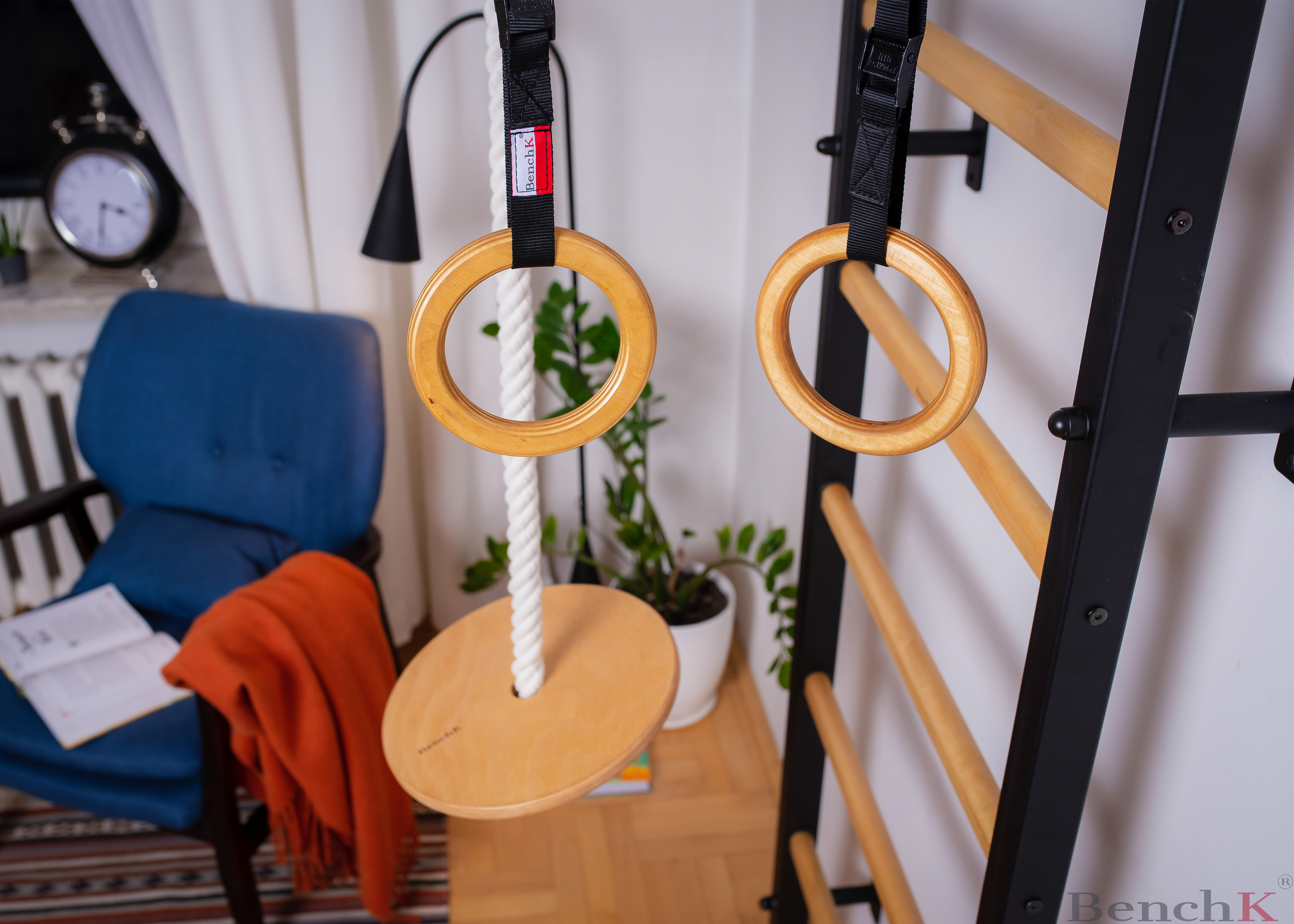 BenchK 721B+A076 Wall bar with Pull-Up Bar and Gymnastic Accessories - Black/Wood