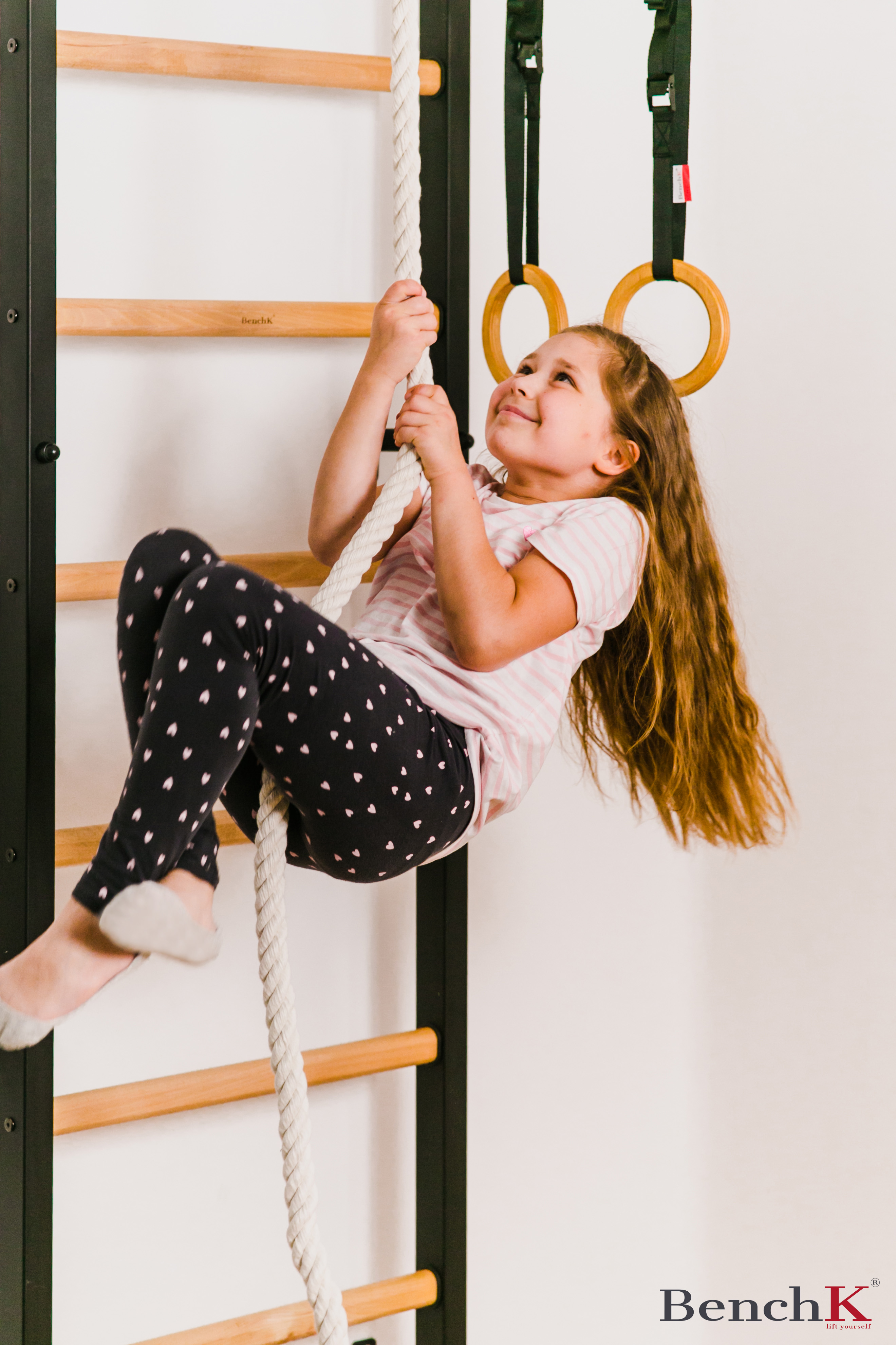 BenchK 721B+A076 Wall bar with Pull-Up Bar and Gymnastic Accessories - Black/Wood