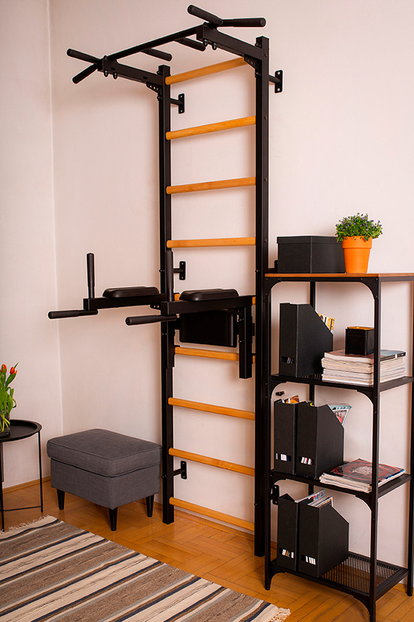 BenchK 722B Wall Bar with Pull-Up Bar and Dip Bar - Black/Wood