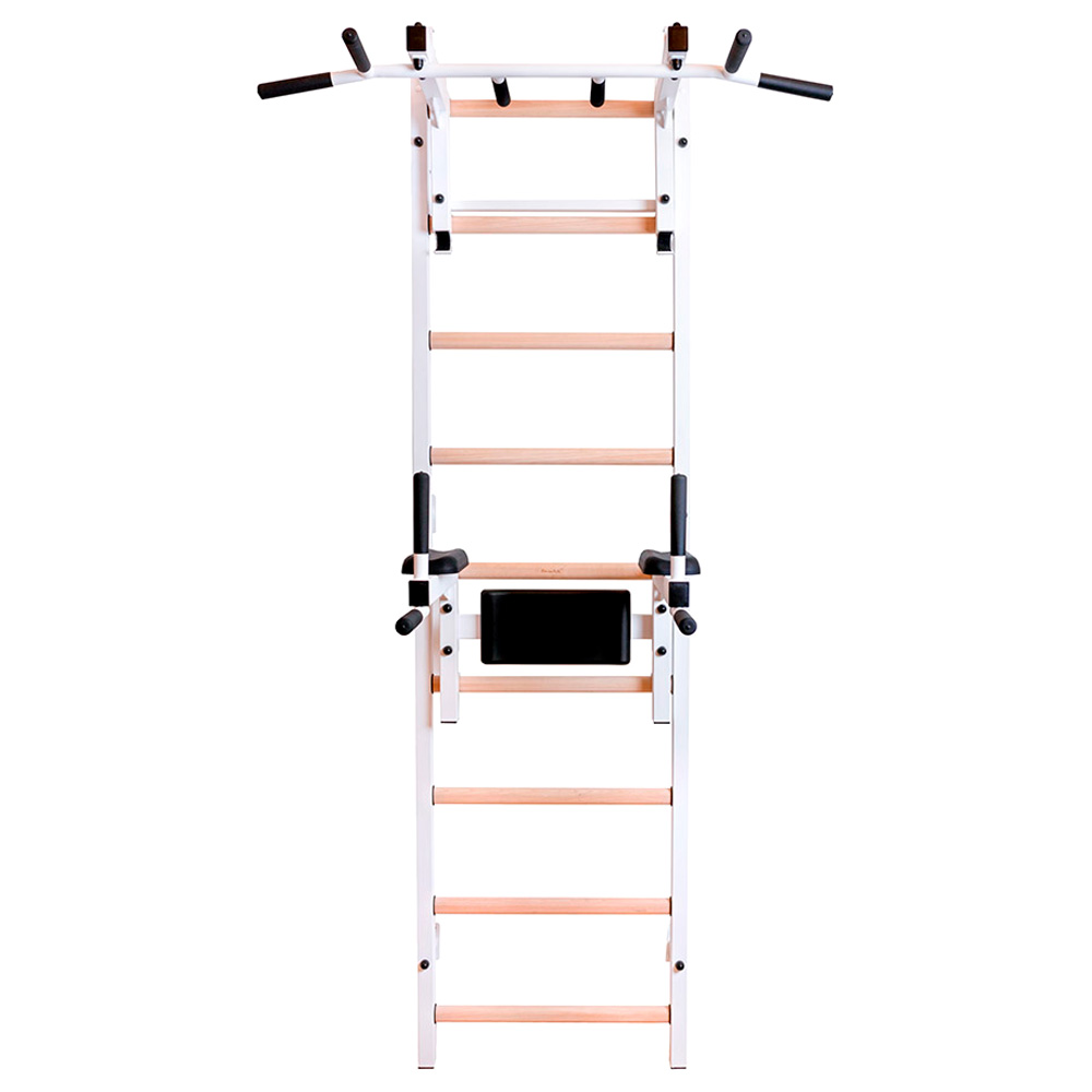BenchK 732W Wall Bar with Convertible Pull-Up Bar and Dip Bar - White/Wood